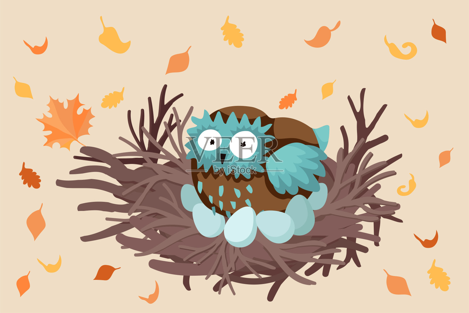 睡在巢里的猫头鹰。向量的卡通插图设计元素图片