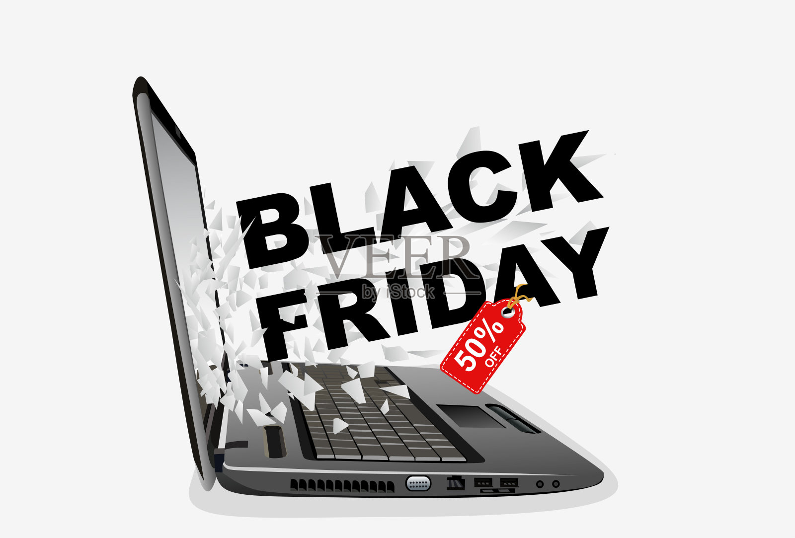 黑色星期五大减价假期特别优惠从一个坏掉的笔记本电脑屏幕飞出来设计元素图片