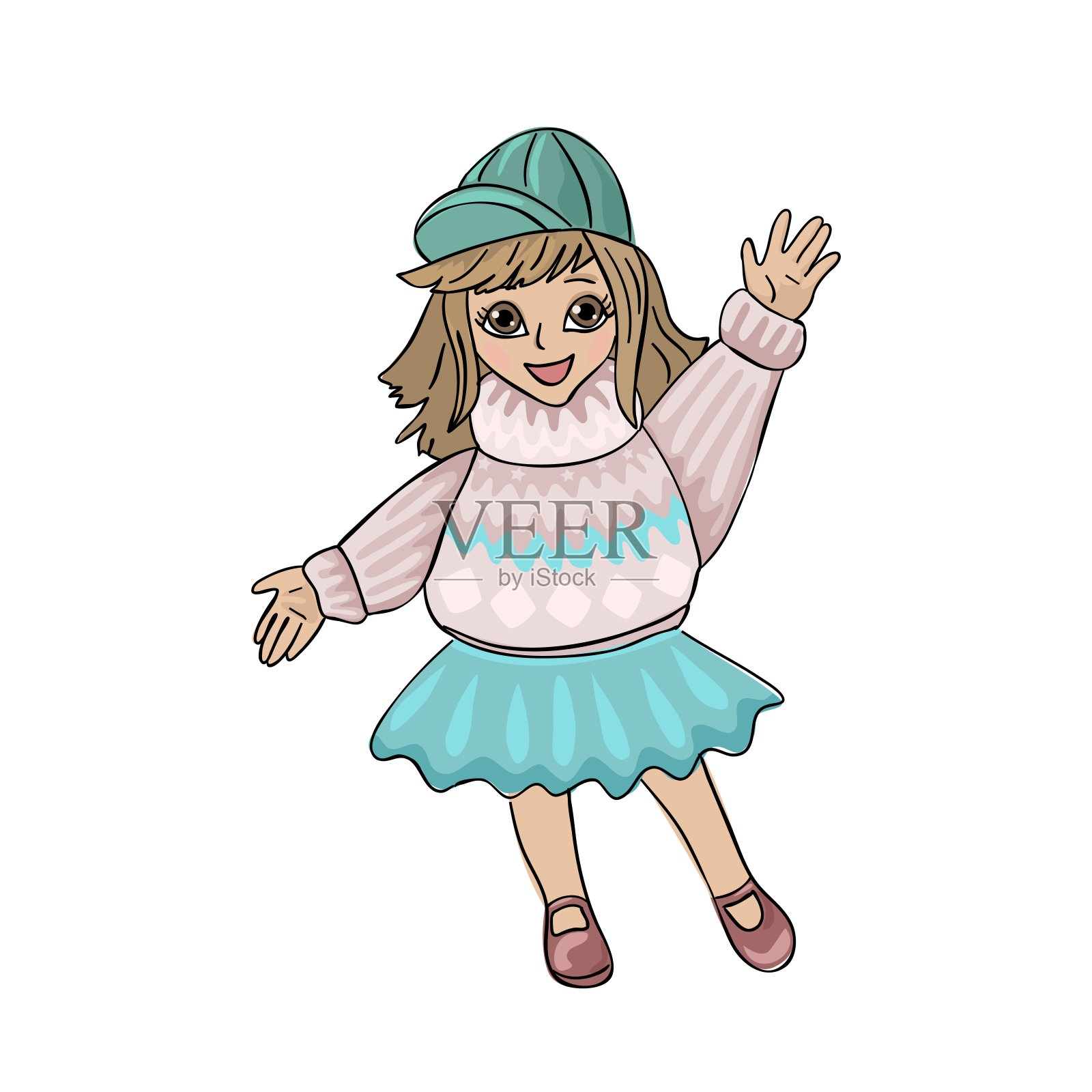 一个穿着毛衣戴着帽子的女孩在挥手。受欢迎的迹象。矢量字符在白色背景设计元素图片