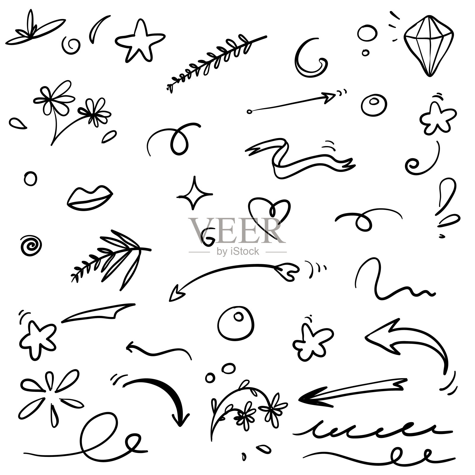 抽象箭头，丝带和其他元素的手绘风格的概念设计。涂鸦插图。矢量模板用于装饰与线条艺术风格矢量设计元素图片