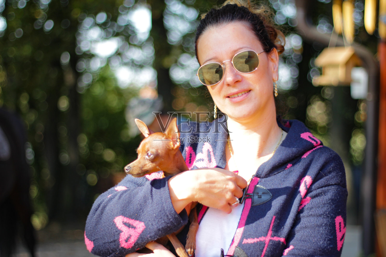 漂亮的金发女人抱着一只小狗看着镜头照片摄影图片