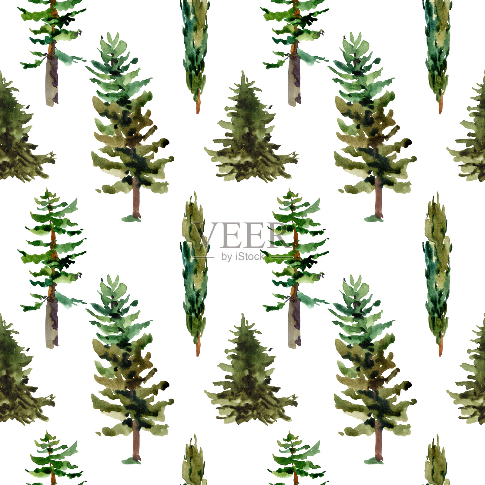 水彩天然森林无缝图案的常绿树木，绿树纹理插画图片素材