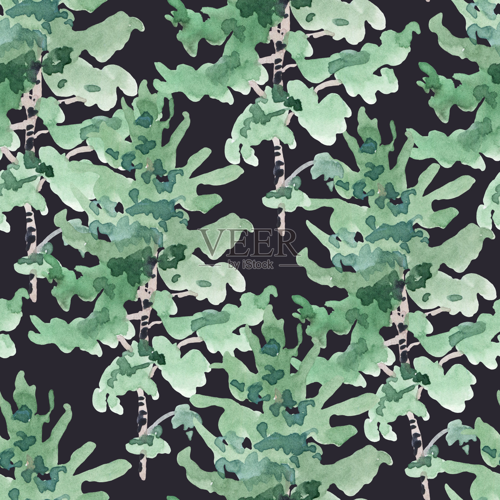 水彩天然绿色桦木无缝图案，树木墙纸插画图片素材