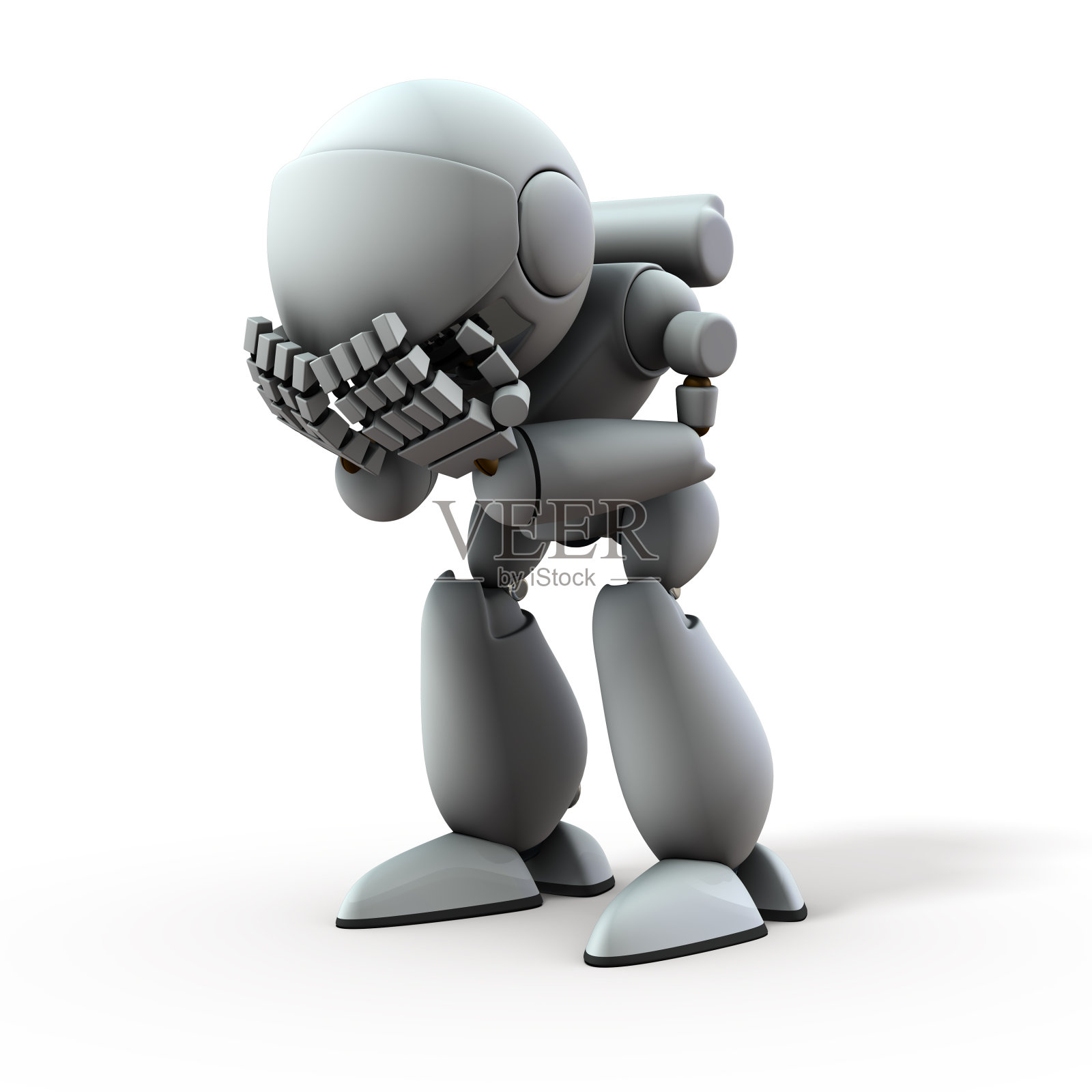 挂在头上的人工智能机器人。它代表了一种精神冲突。白色背景。3 d演示。照片摄影图片