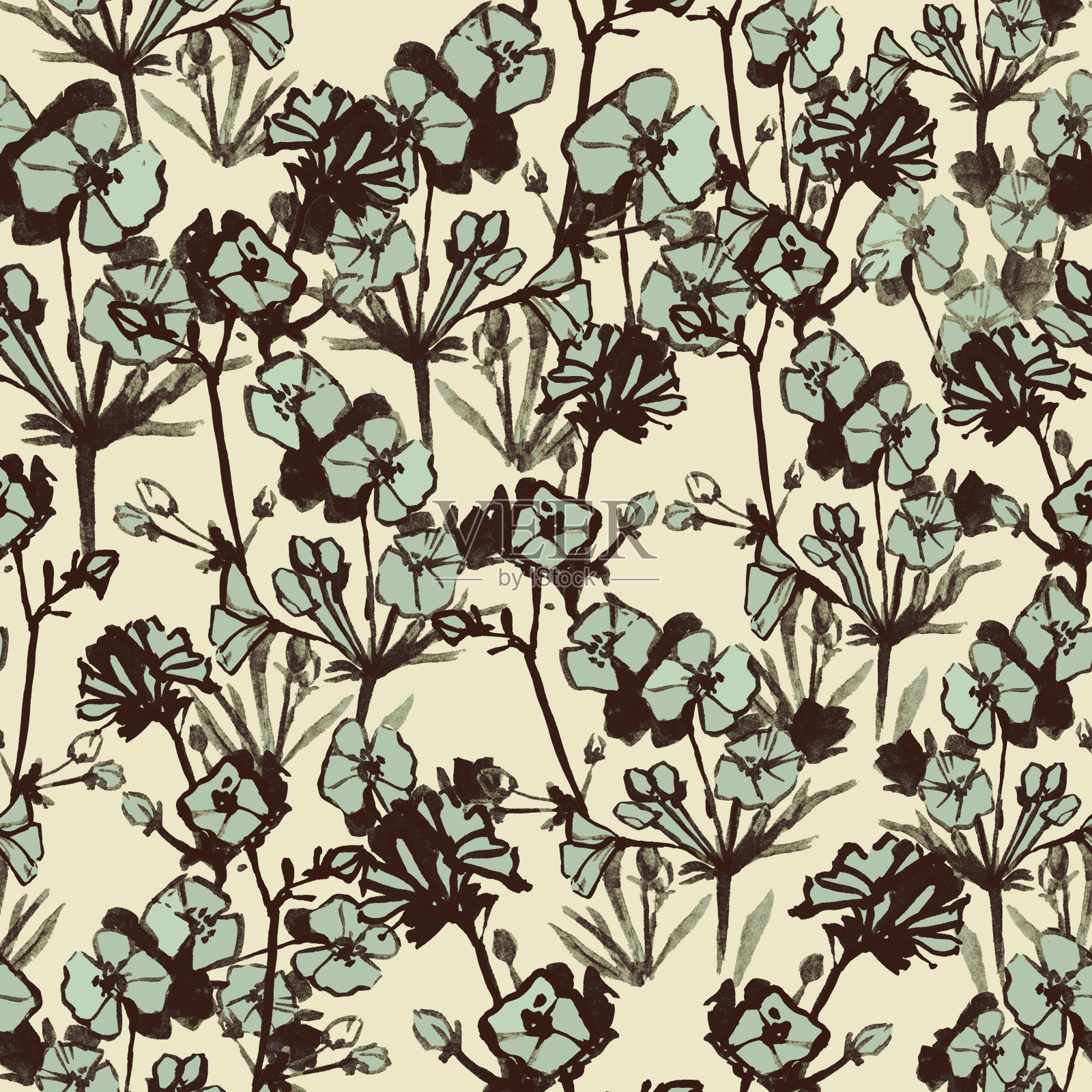 无缝田花图案。植物插图。插画图片素材