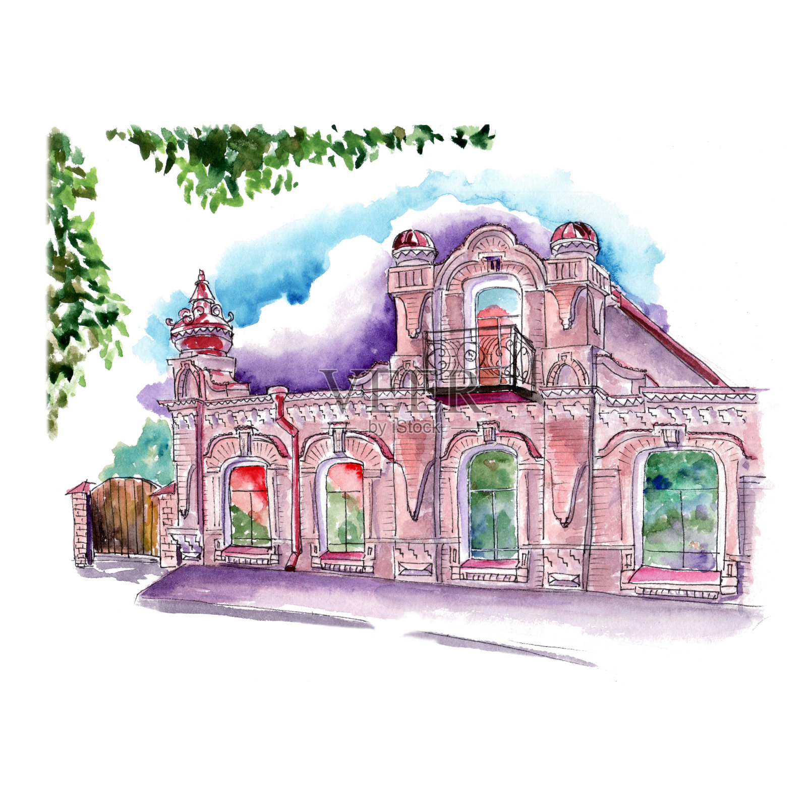 水彩画素描老建筑阁楼大拱形窗户-插图新西伯利亚镇插画图片素材