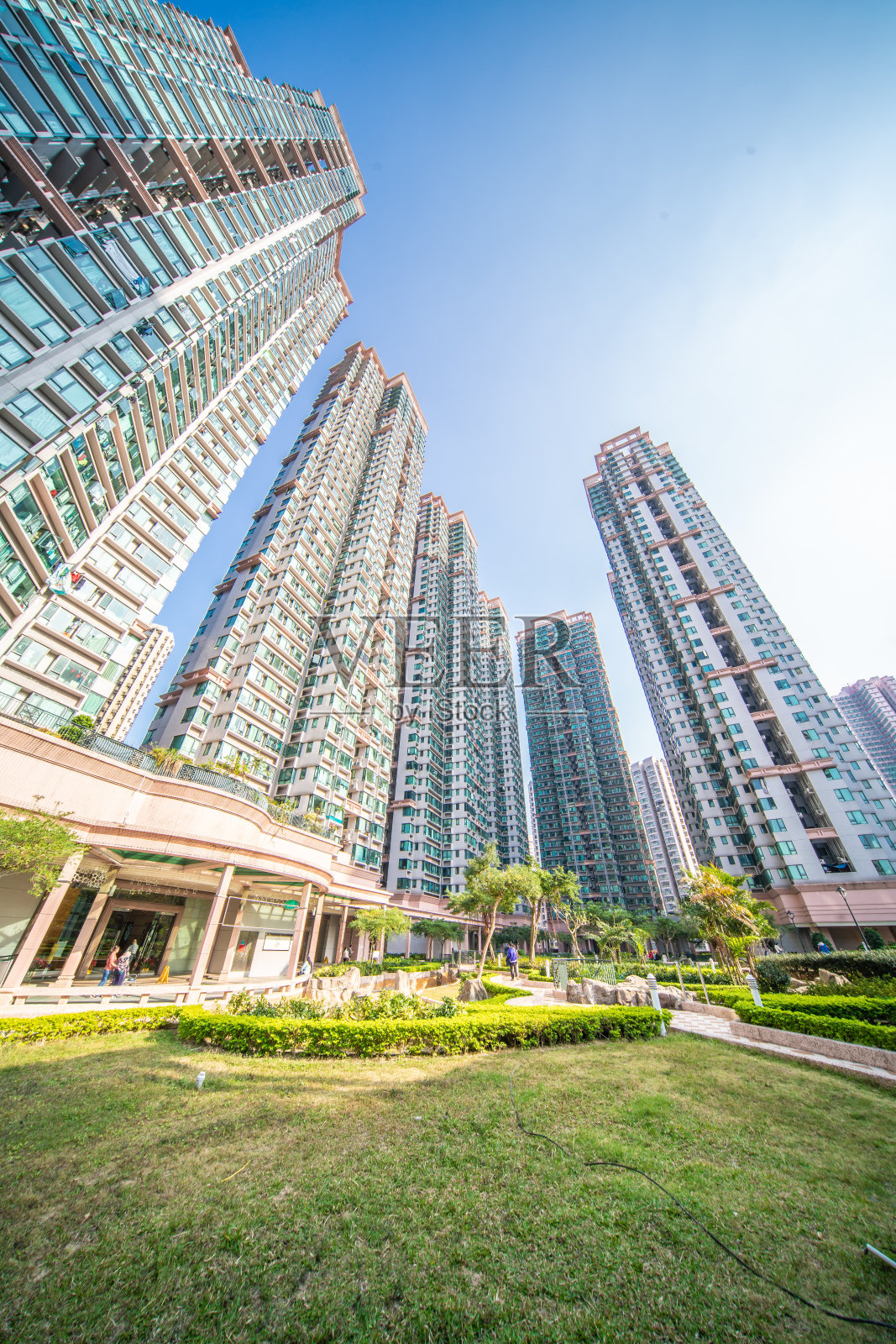 部分树木对着住宅建筑照片摄影图片