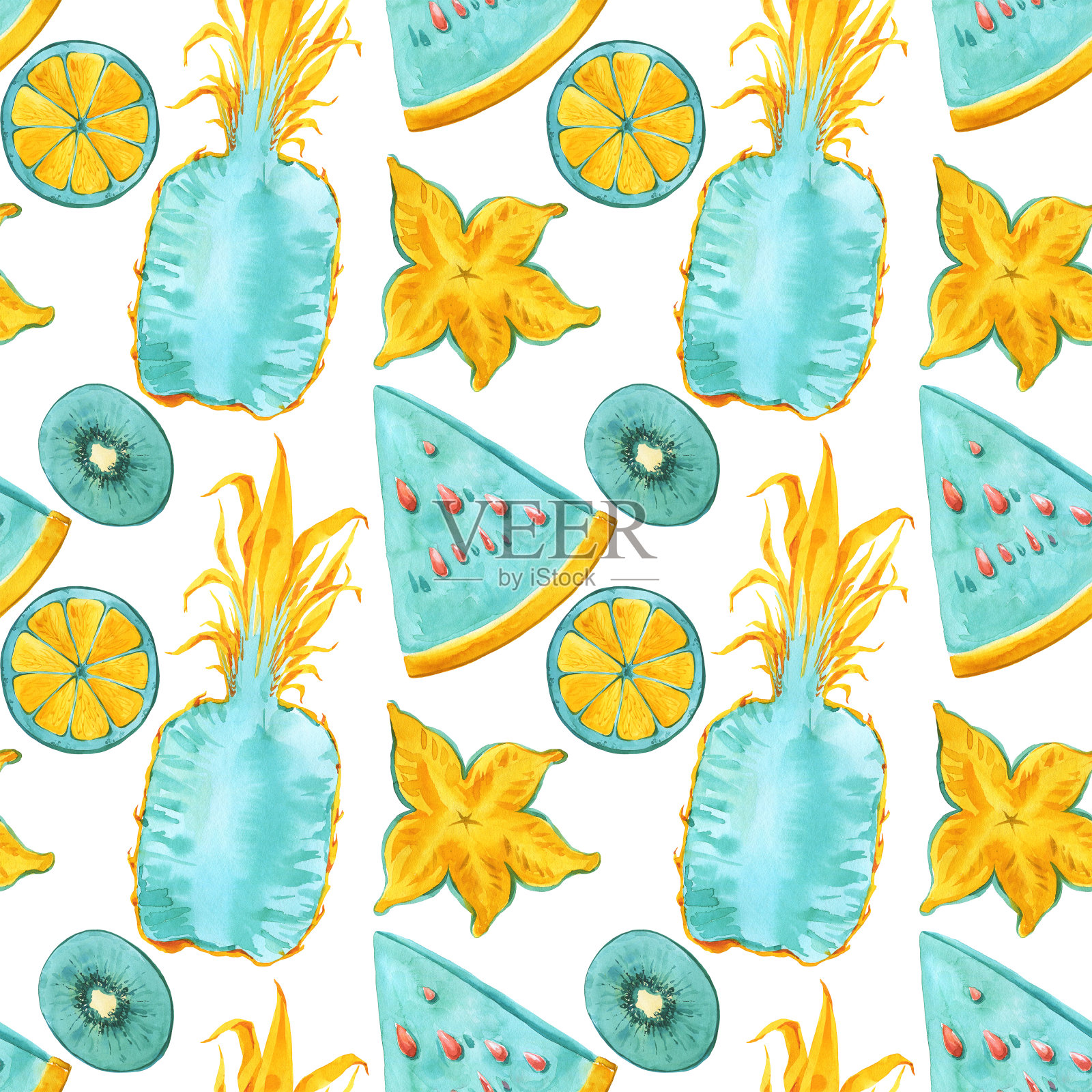 热带水果无缝图案。时尚夏季颜色异国水果套装。明亮的彩色霓虹灯抽象背景。菠萝、猕猴桃、山竹、杨桃、蓝薄荷黄印花布纺织品插画图片素材
