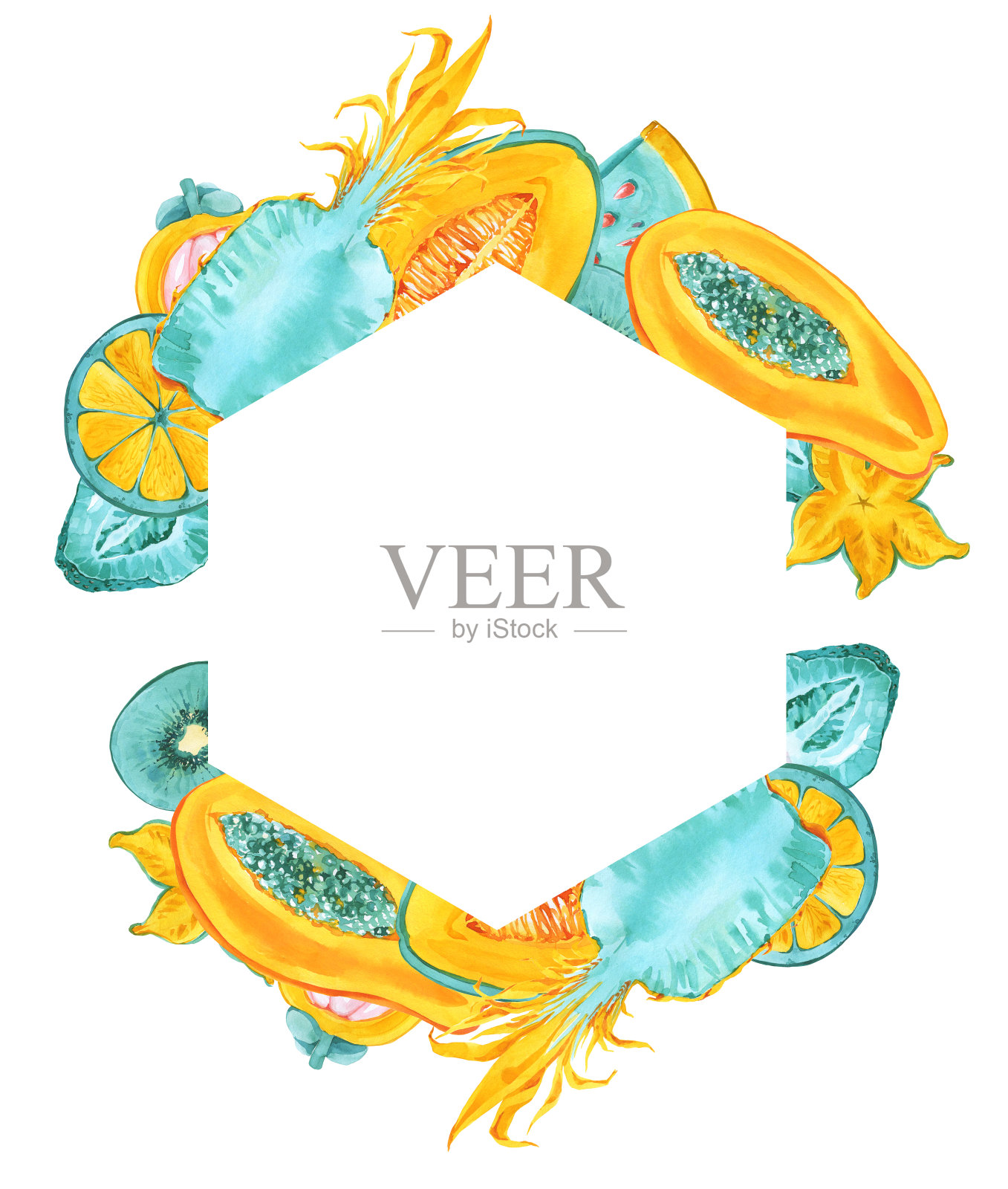 热带水果，六边形框架。时髦的夏天颜色异国水果边界上的白色背景。菠萝、杨桃、杨桃、木瓜、瓜圈。蓝色薄荷，黄色的请帖插画图片素材