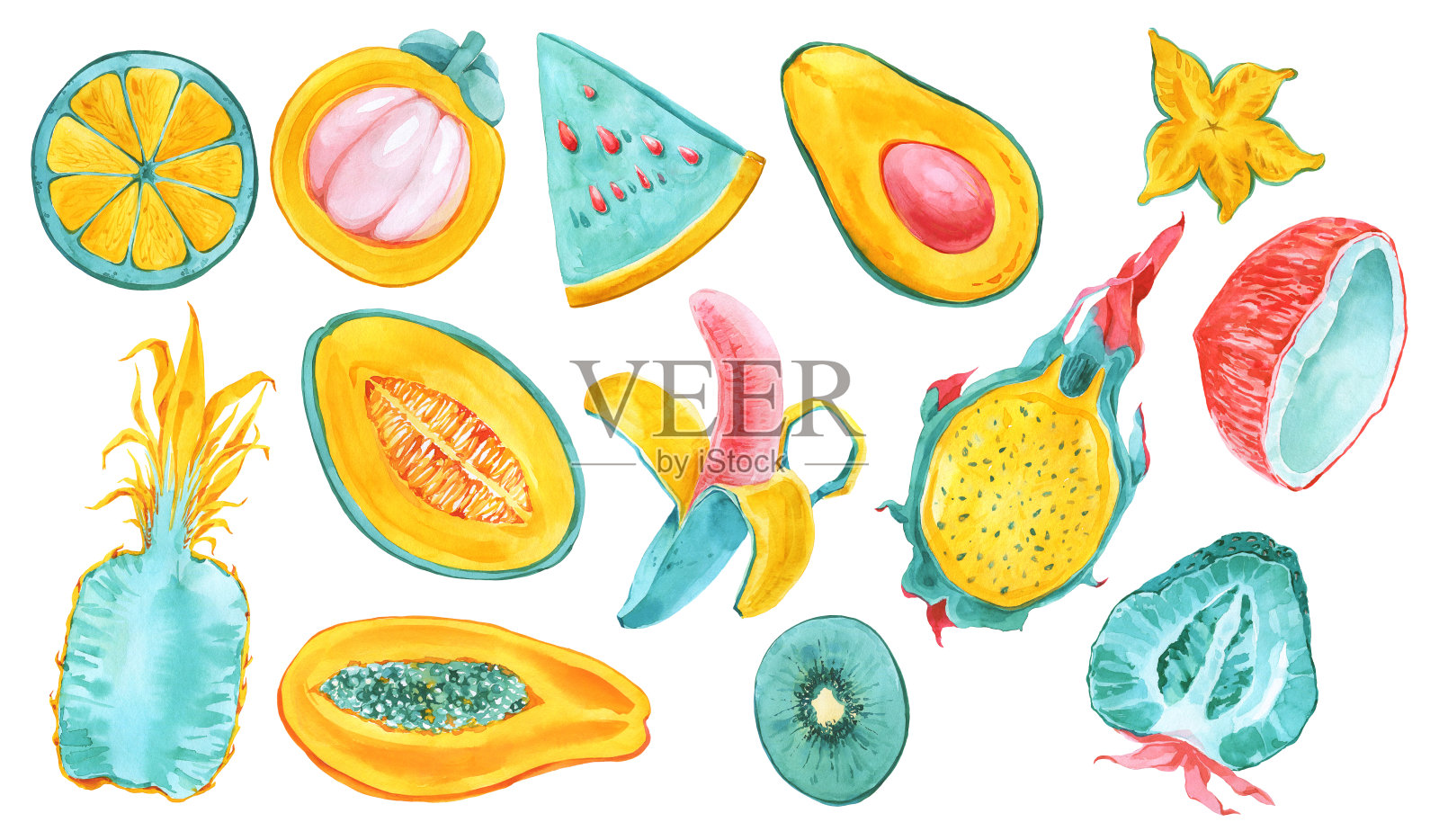 热带水果。时尚夏季颜色异国水果套装。火龙果，火龙果，山竹，杨桃，杨桃，木瓜，鳄梨，香蕉，猕猴桃，椰子薄荷，黄色，红色，粉色印花插画图片素材