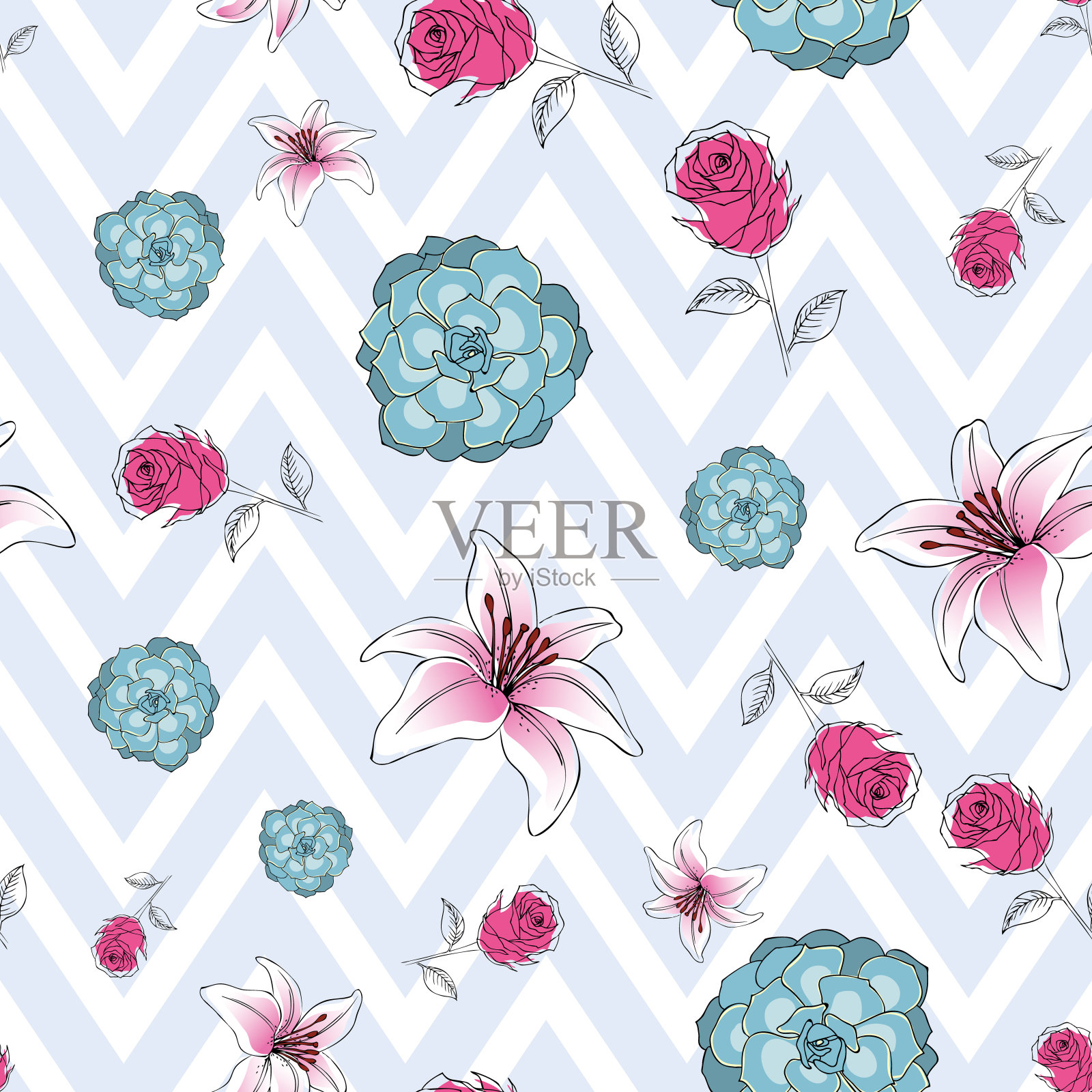 无缝图案多肉，玫瑰和百合花上的chevron图案插画图片素材