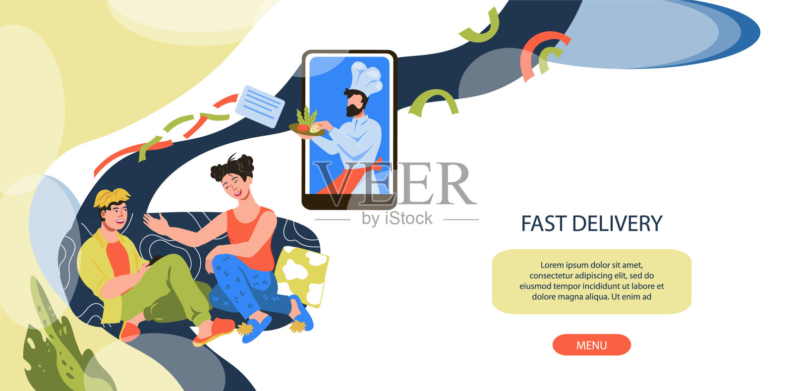 速食配送服务网站横幅模板与厨师厨师性格提供餐厅菜肴菜肴插画图片素材