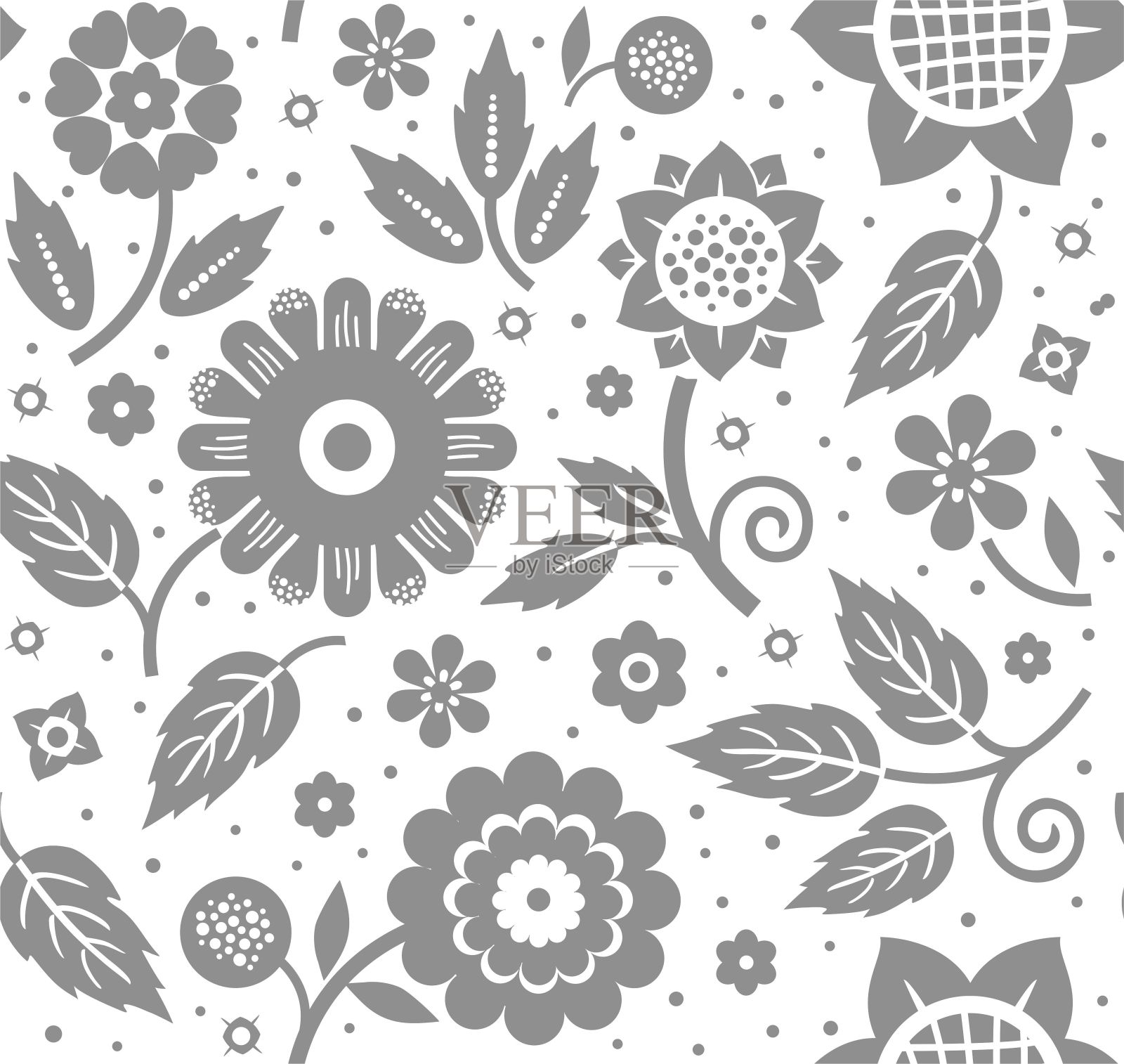 花和叶，装饰背景，无缝，白色，矢量。插画图片素材