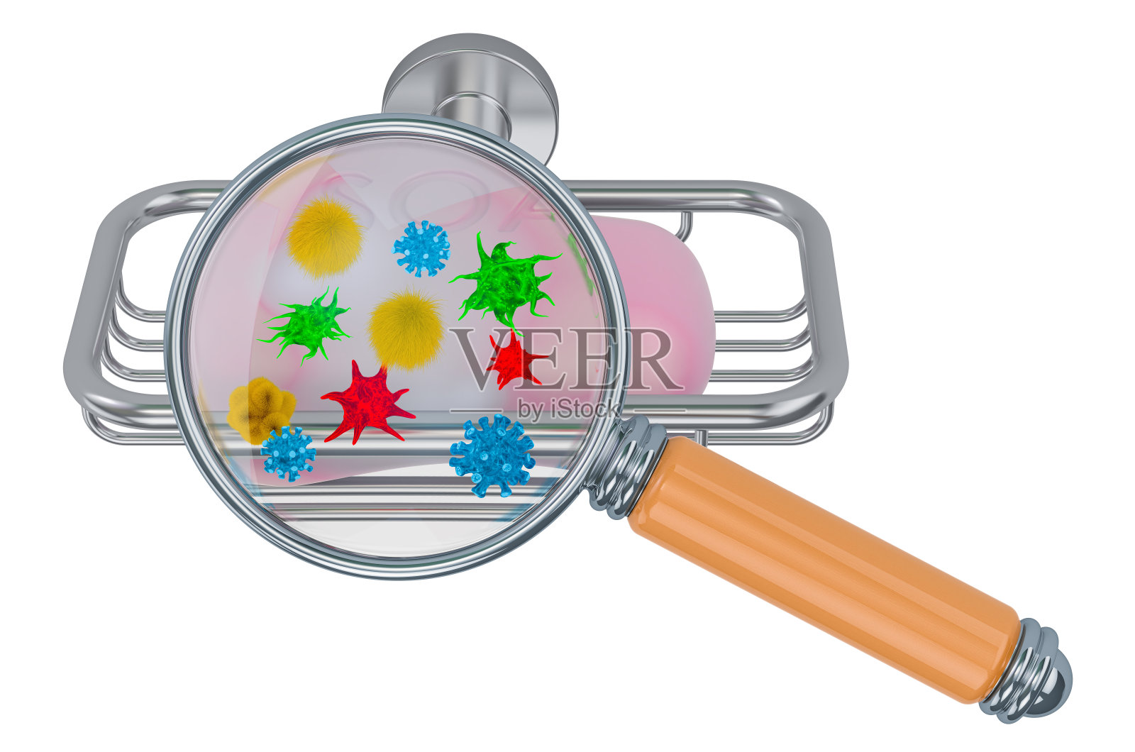 肥皂在带有病毒和细菌的肥皂盘放大镜下，3D渲染孤立在白色背景上照片摄影图片