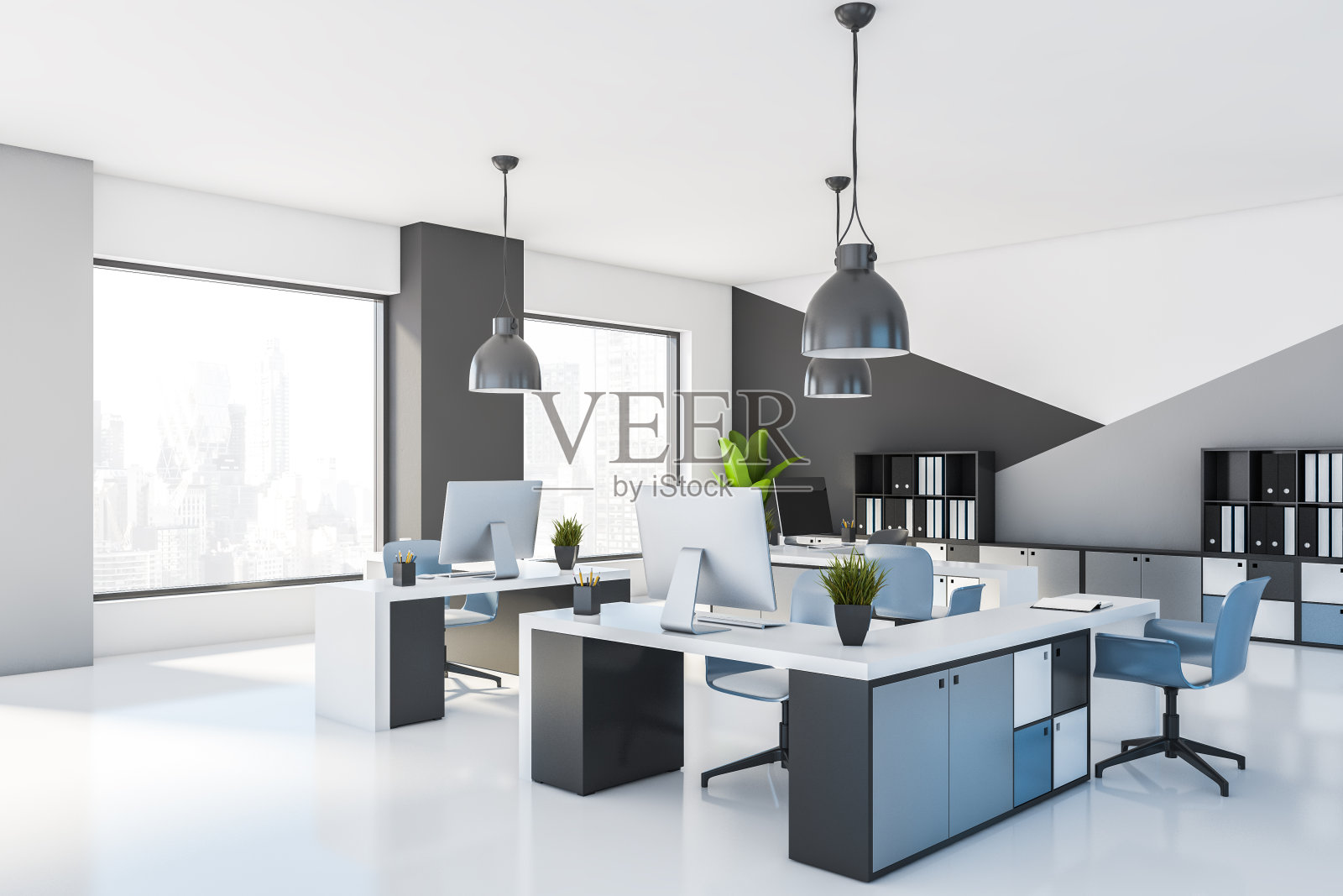 灰色和白色的开放式空间办公角落照片摄影图片