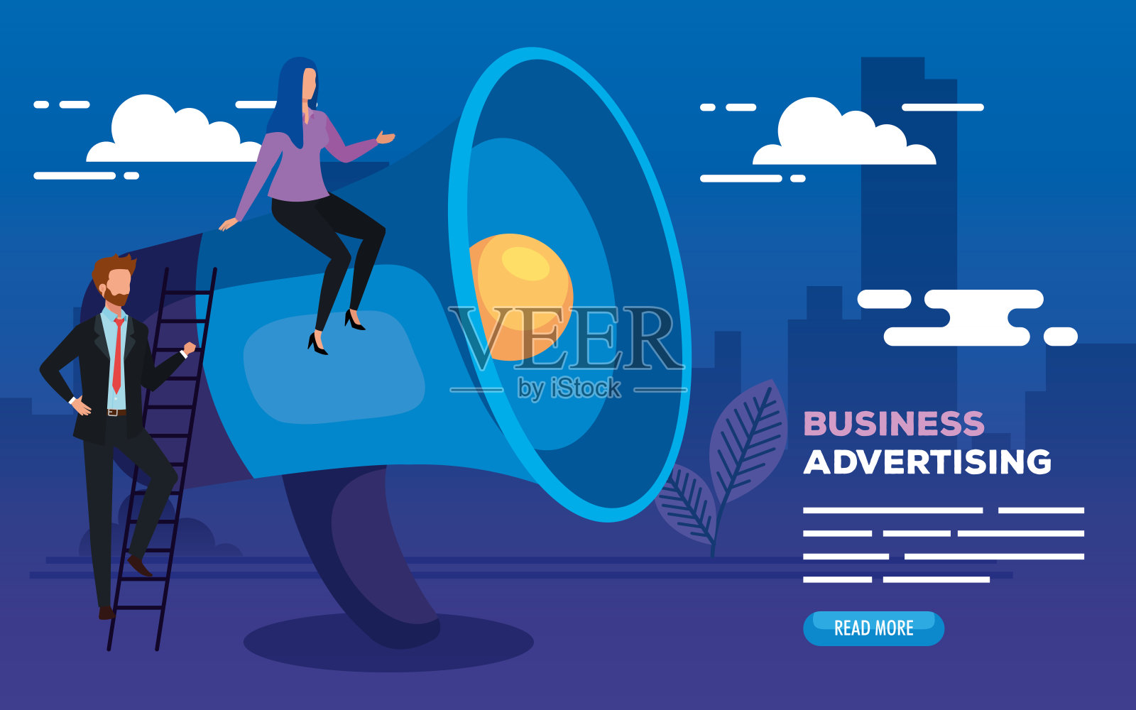 商业广告与扩音器和商业夫妇插画图片素材