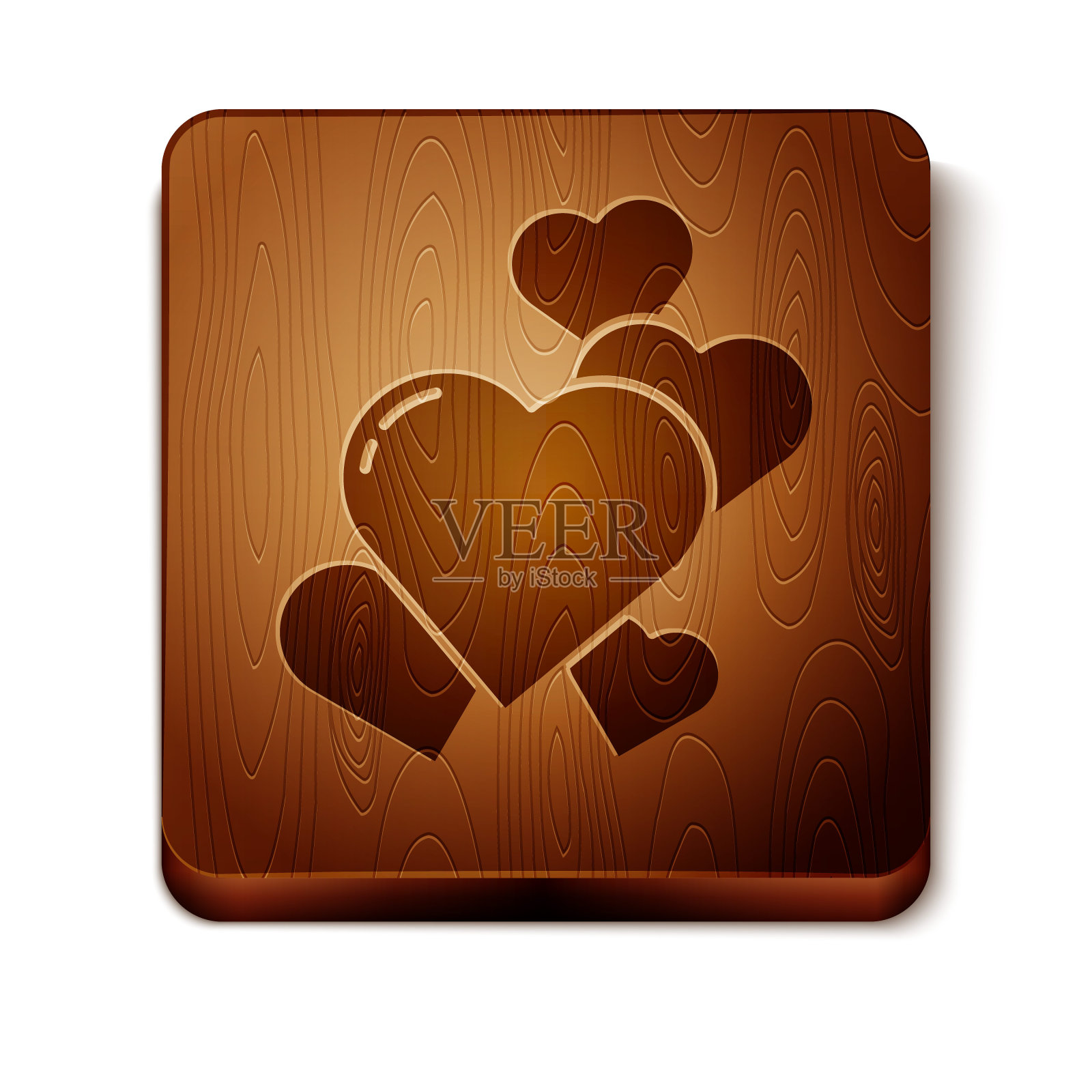 棕色的心图标孤立在白色的背景。浪漫象征着联系、结合、激情和婚礼。情人节的象征。木制方形按钮。矢量图图标素材