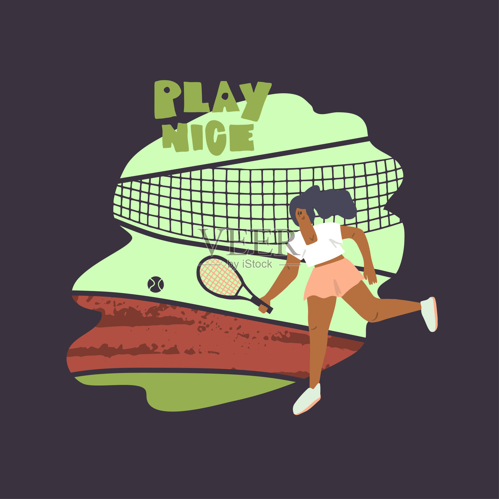 女子与网球拍和球在网球场元素的背景插画图片素材