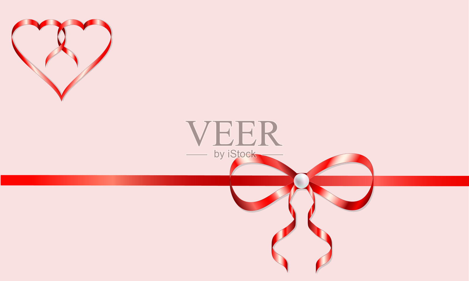 贺卡用红色装饰缎带蝴蝶结上一颗珍珠，水平缎带和双心缎带制成的装饰缎带插画图片素材