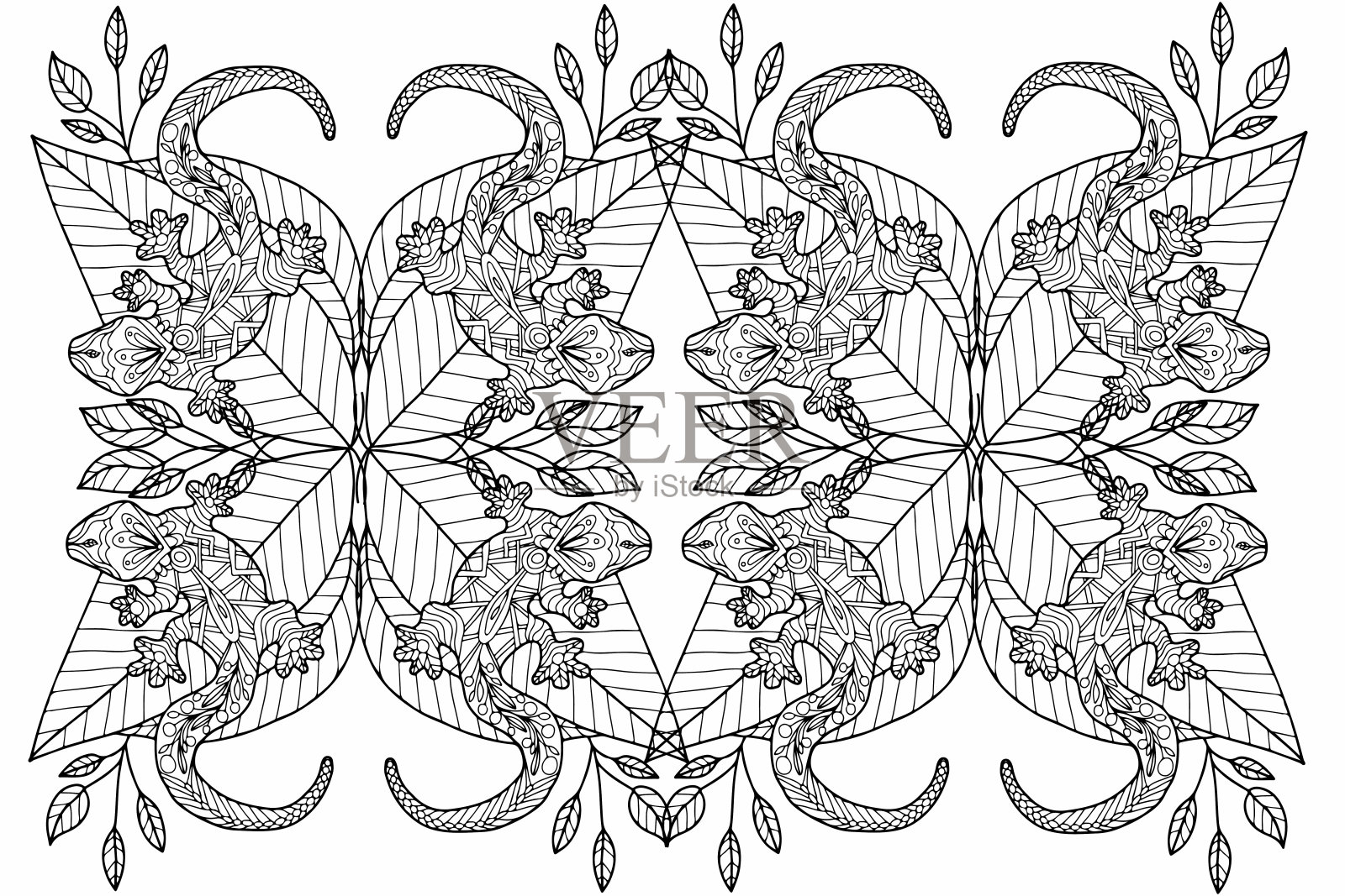 蜥蜴在树叶上手绘，在白色的背景上色，矢量插图插画图片素材