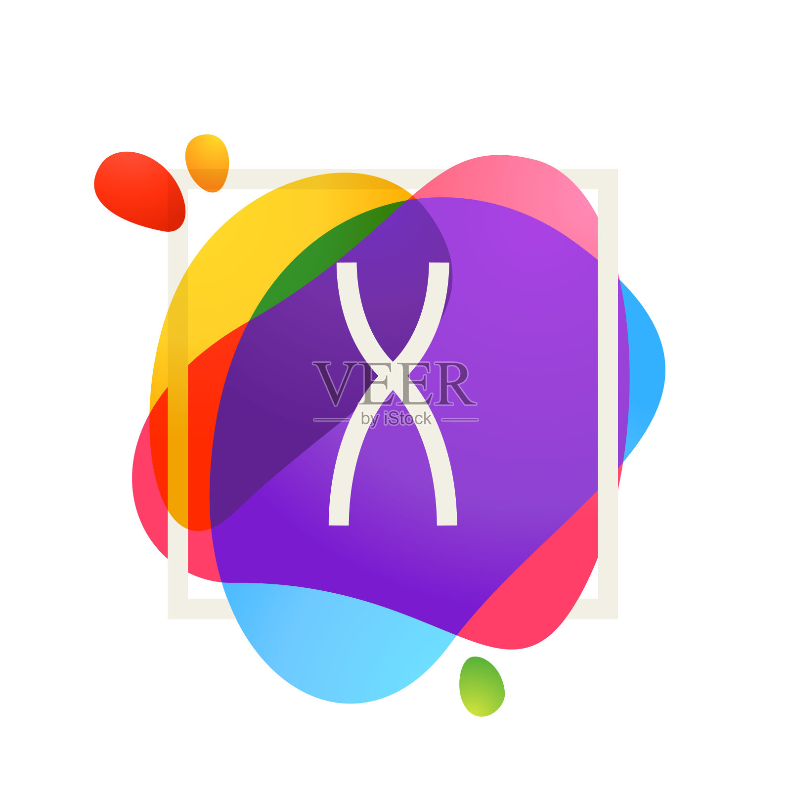 X字母标志在方形框架在水彩飞溅背景。插画图片素材