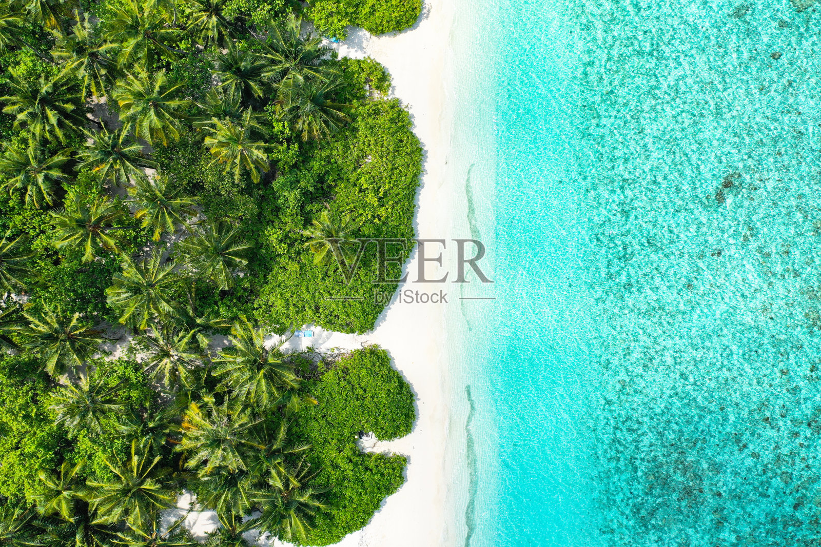 空中俯瞰一个有着水晶水和沙滩的异国情调的岛屿照片摄影图片