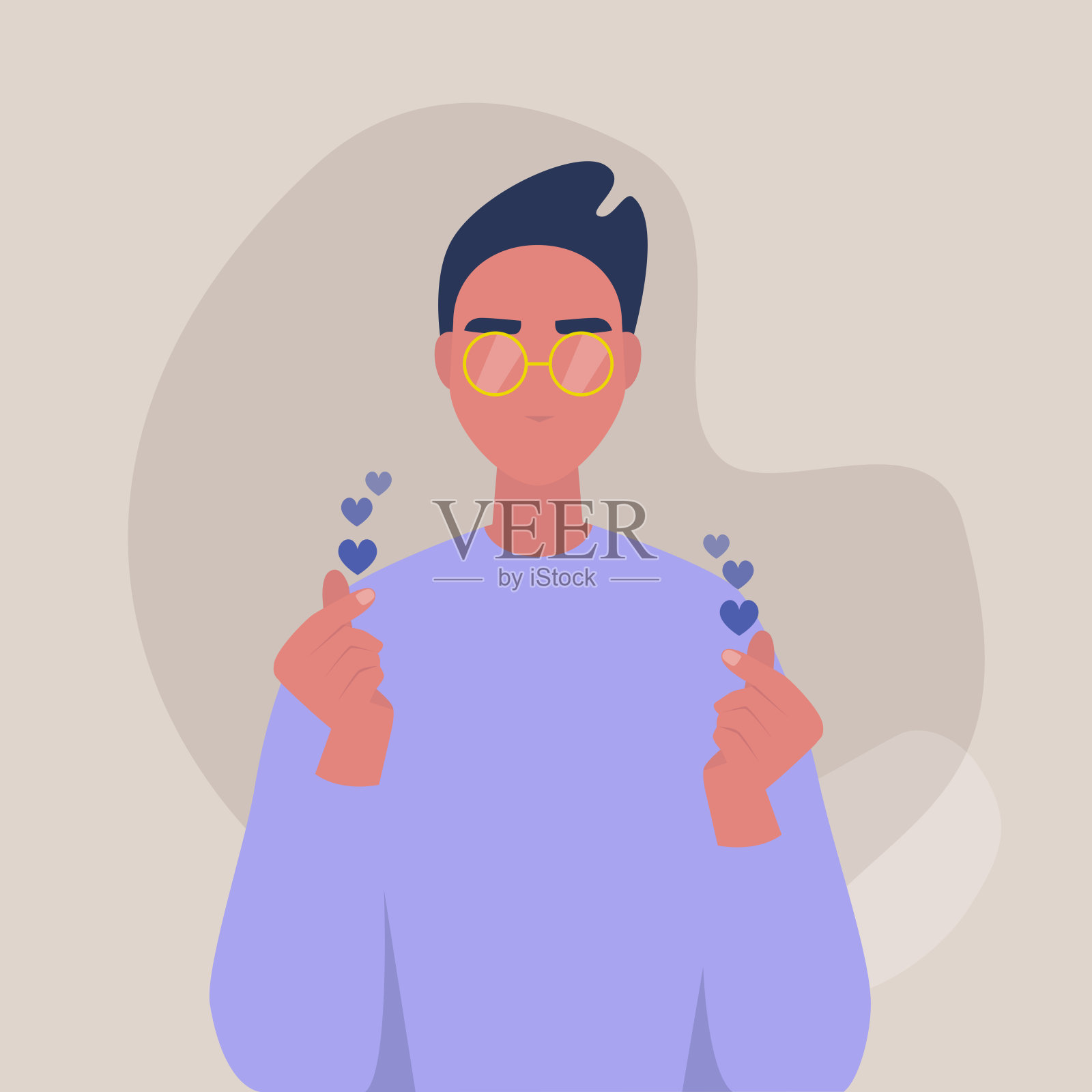 年轻男子手指上的心形标志，圣瓦伦丁节，爱情和友谊的象征插画图片素材