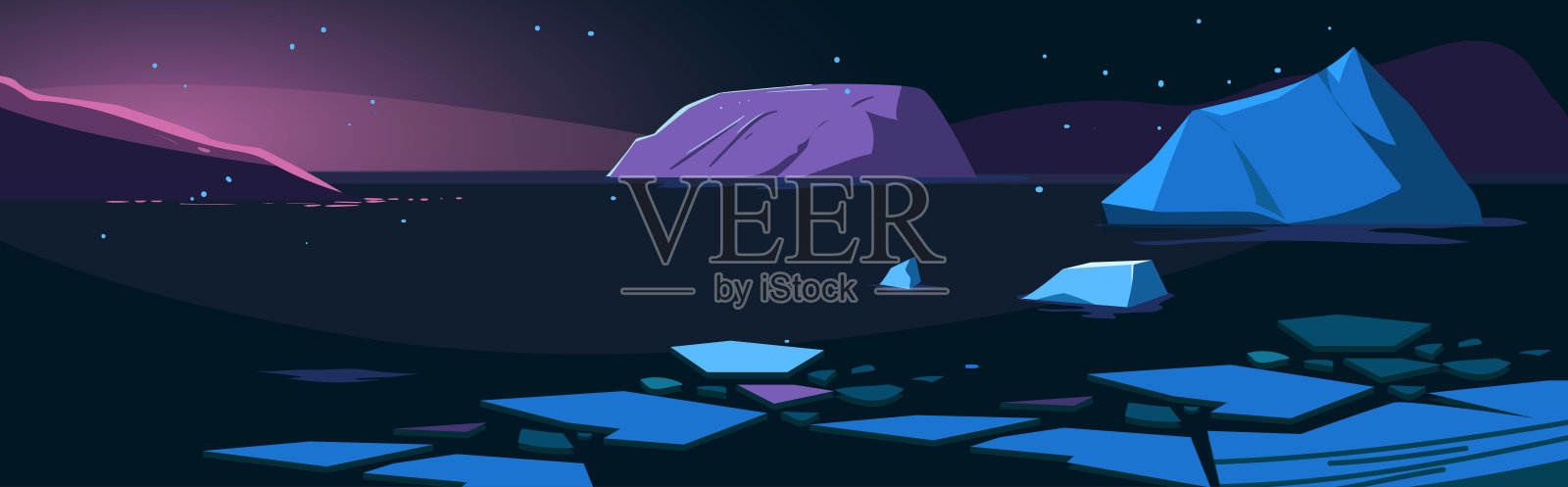 北极的夜晚。有冰山和企鹅的北方景观。矢量图插画图片素材