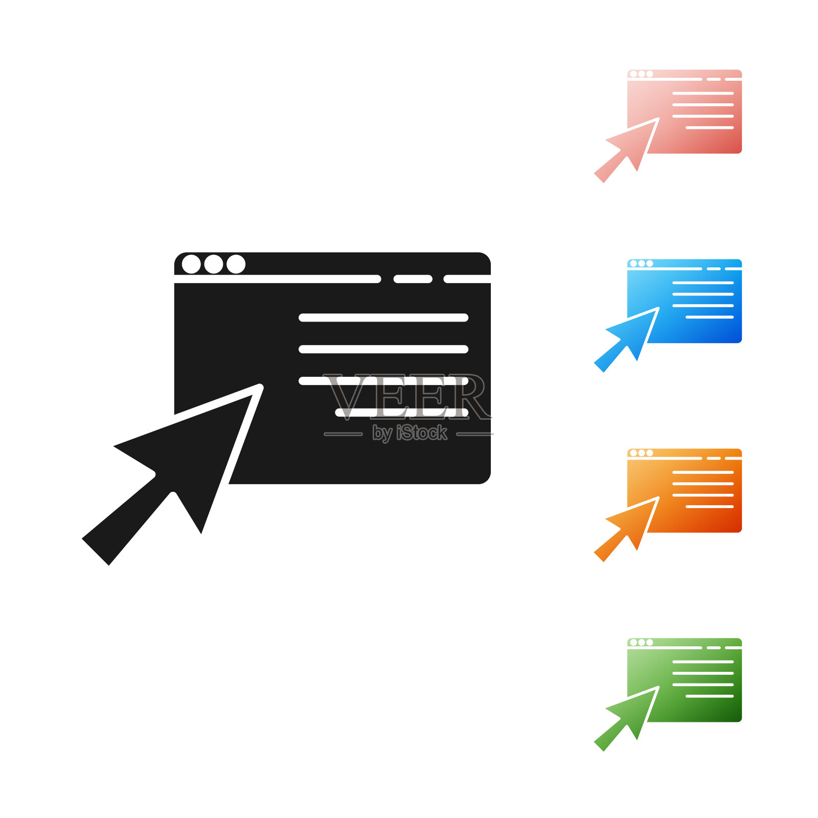 黑色在线购物屏幕上图标孤立在白色背景。概念电子商务、电子商务、网上商务营销。设置图标丰富多彩。矢量图图标素材