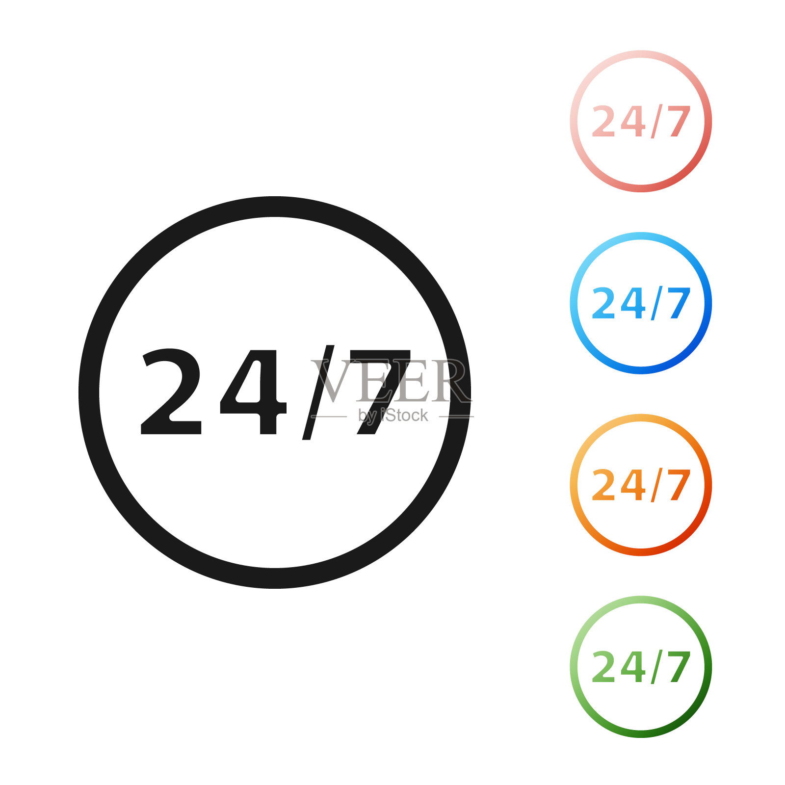 黑色时钟24小时图标孤立在白色背景。全天循环图标。24小时服务标志。设置图标丰富多彩。矢量图图标素材