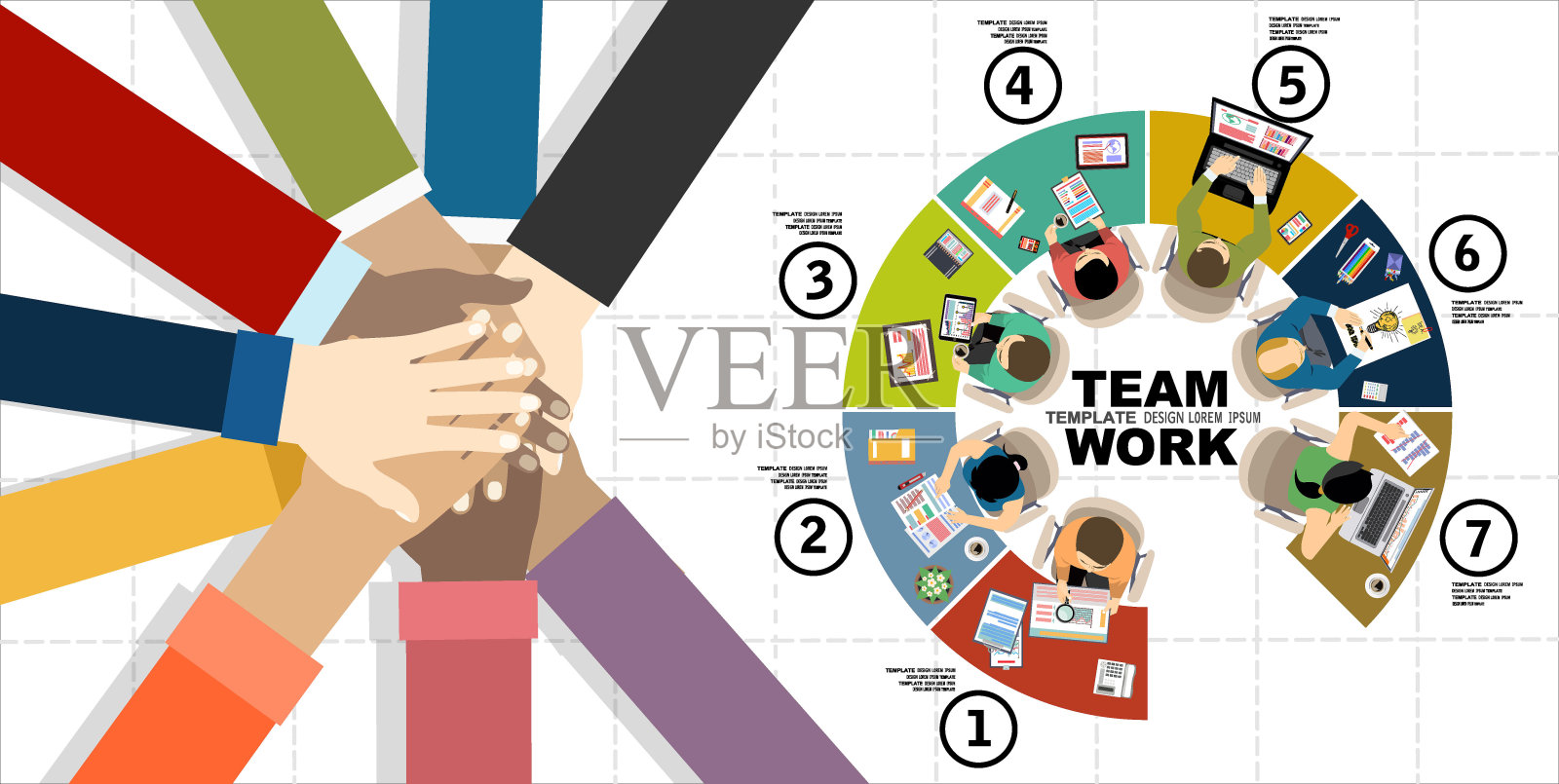 年轻人把他们的手放在一起。朋友们手一叠表示团结和团队精神，俯视图。矢量平面插图。插画图片素材