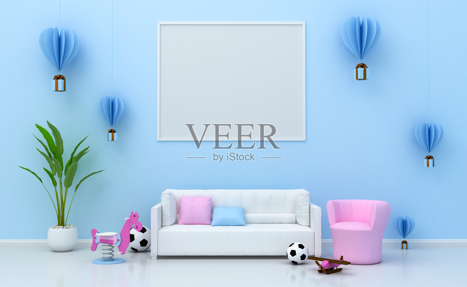 模拟儿童房的室内装饰，儿童房的墙壁配有画框，3d渲染插图。照片摄影图片