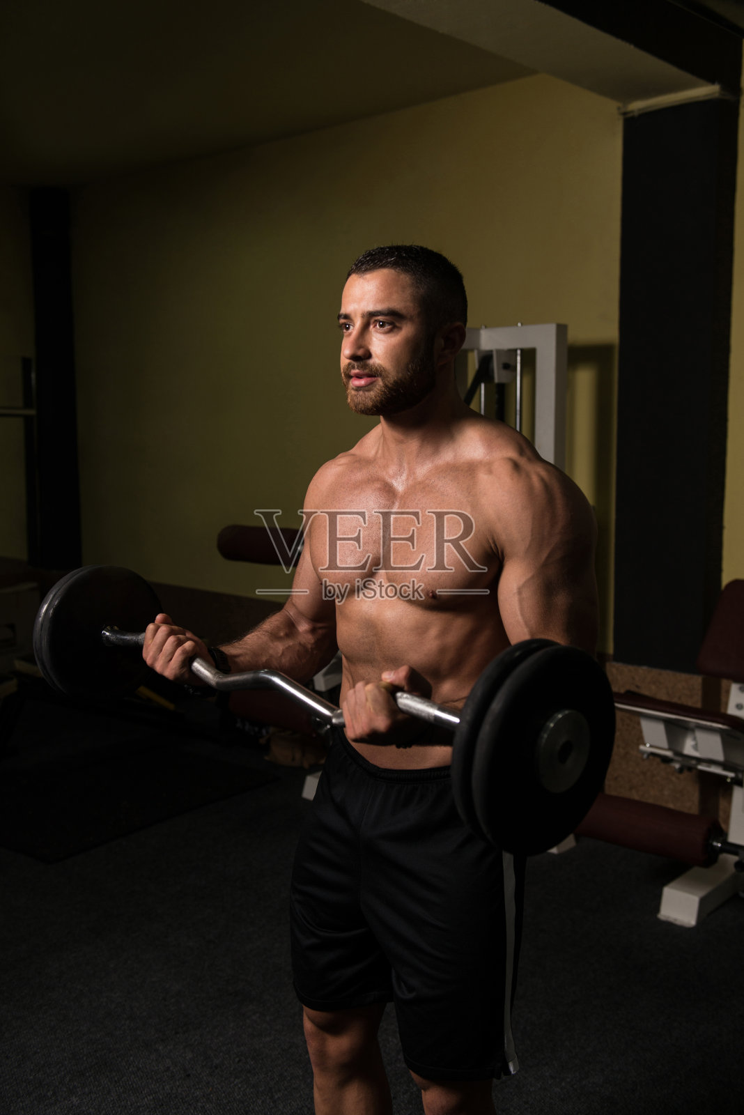 在健身房用杠铃锻炼二头肌的男人照片摄影图片