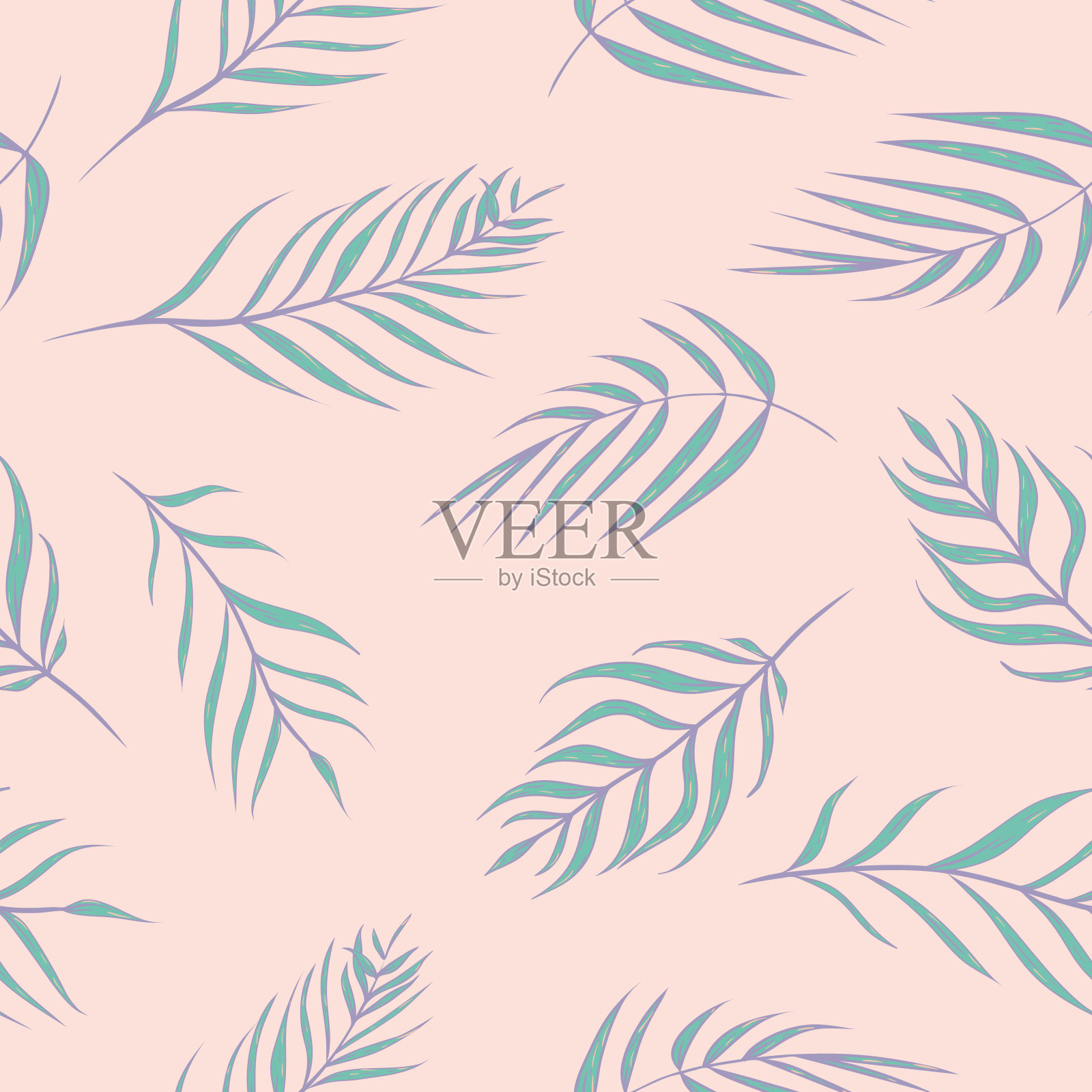 矢量热带棕榈叶在粉红色和绿松石无缝图案背景。插画图片素材