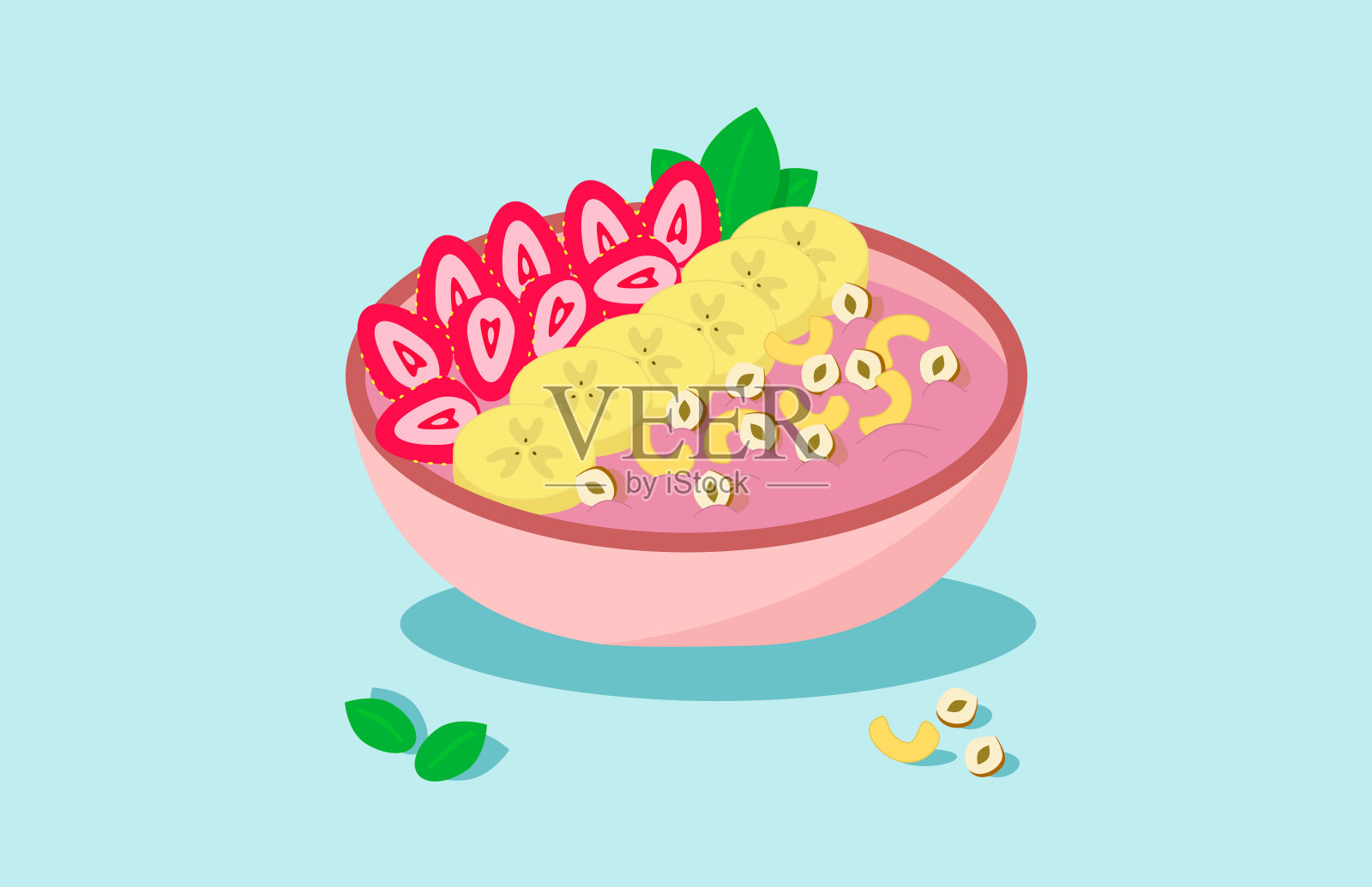 早餐冰沙碗里有草莓、香蕉、榛子、腰果和薄荷叶——这是一种健康的食物，可以帮助减肥，还能增强你的能量插画图片素材