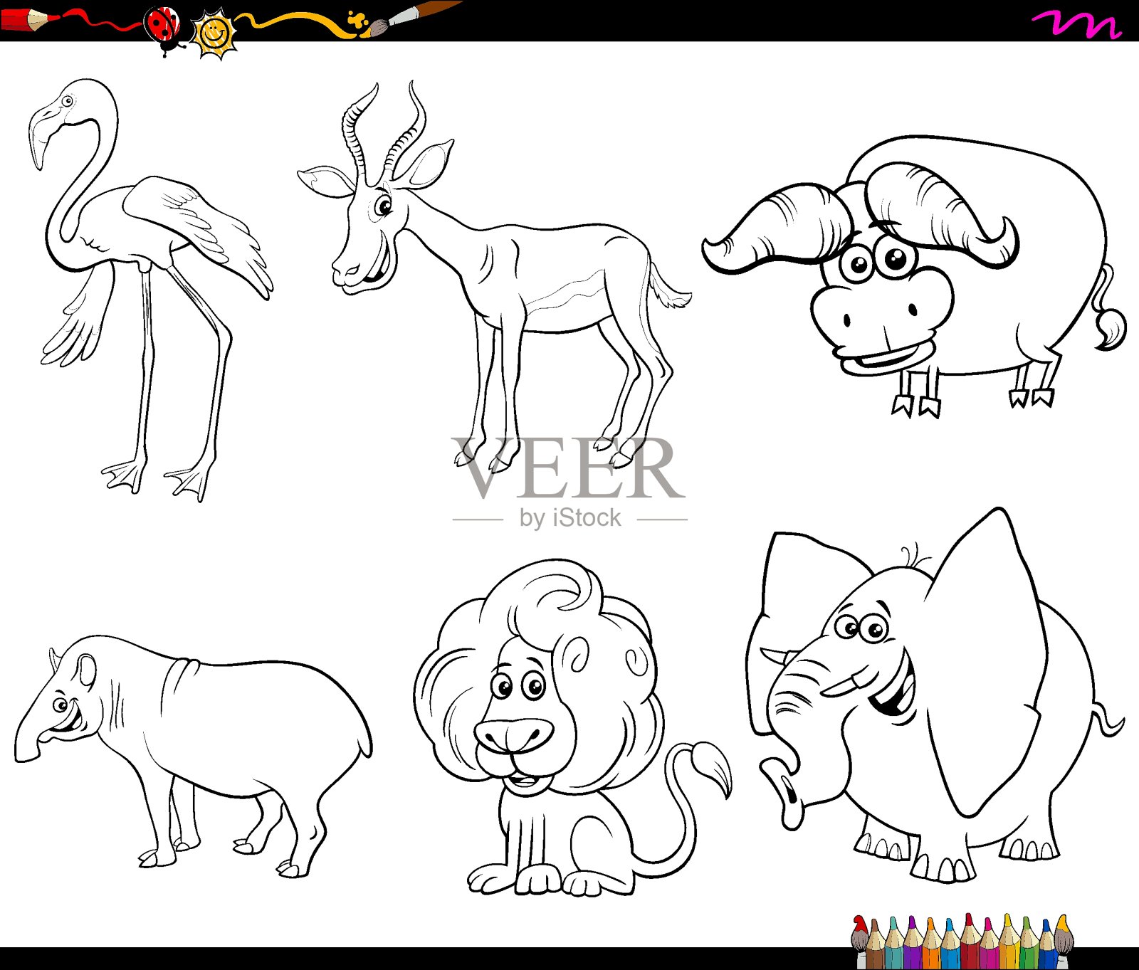 卡通动物人物集涂色书页插画图片素材