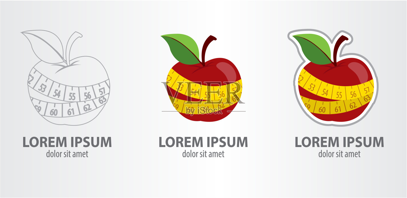 标志卷尺绕苹果，轮廓标志，笔画标志，苹果和卷尺插画图片素材