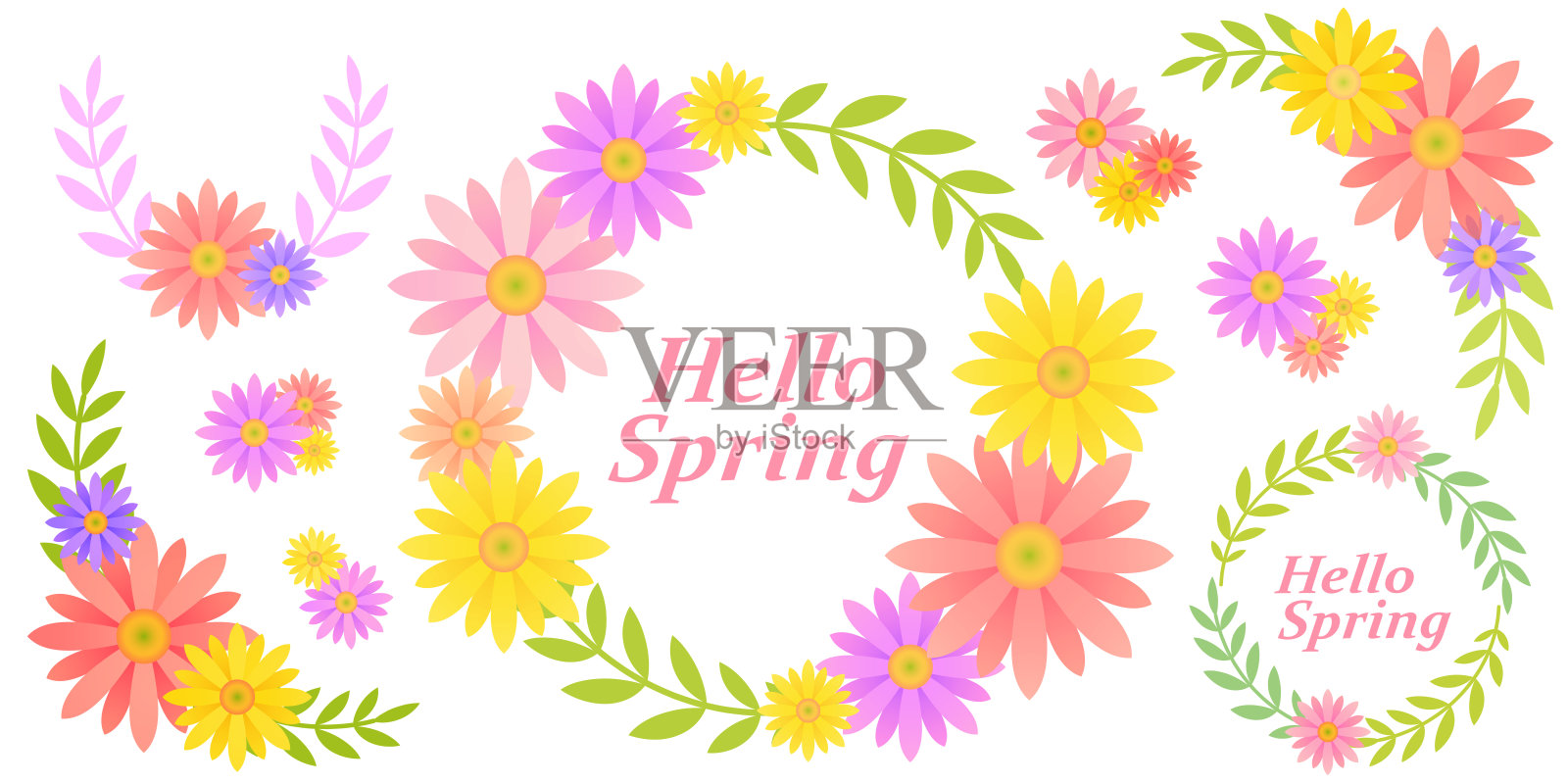 五彩缤纷的春季花框材料，装饰材料用花卉图案，插画插画图片素材