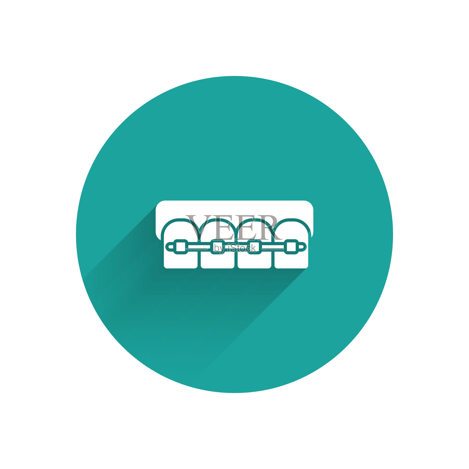 白色牙齿与牙套图标孤立与长影子。牙齿的咬合，牙排用牙套排列。牙科的概念。绿色圆圈按钮。矢量图插画图片素材