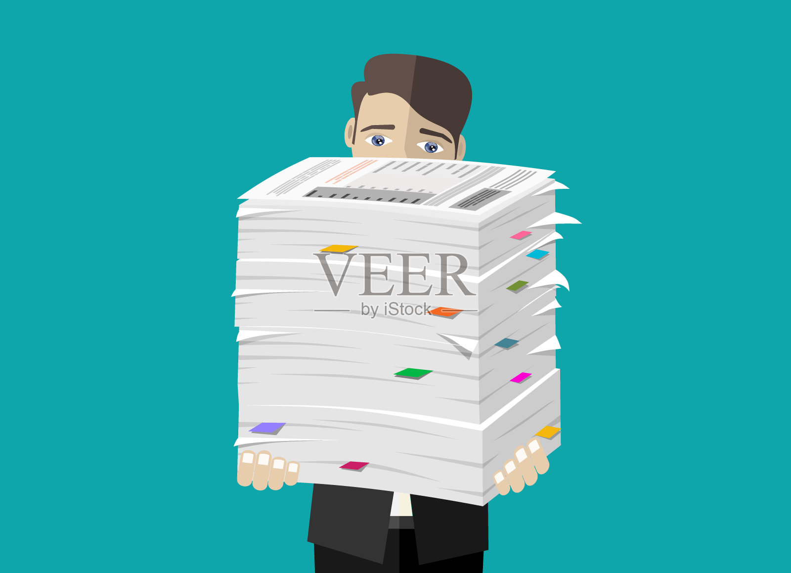 商人手里拿着一堆办公文件和文件。例行公事，官僚主义，大数据，文书工作，办公室。矢量插图在平面风格。插画图片素材