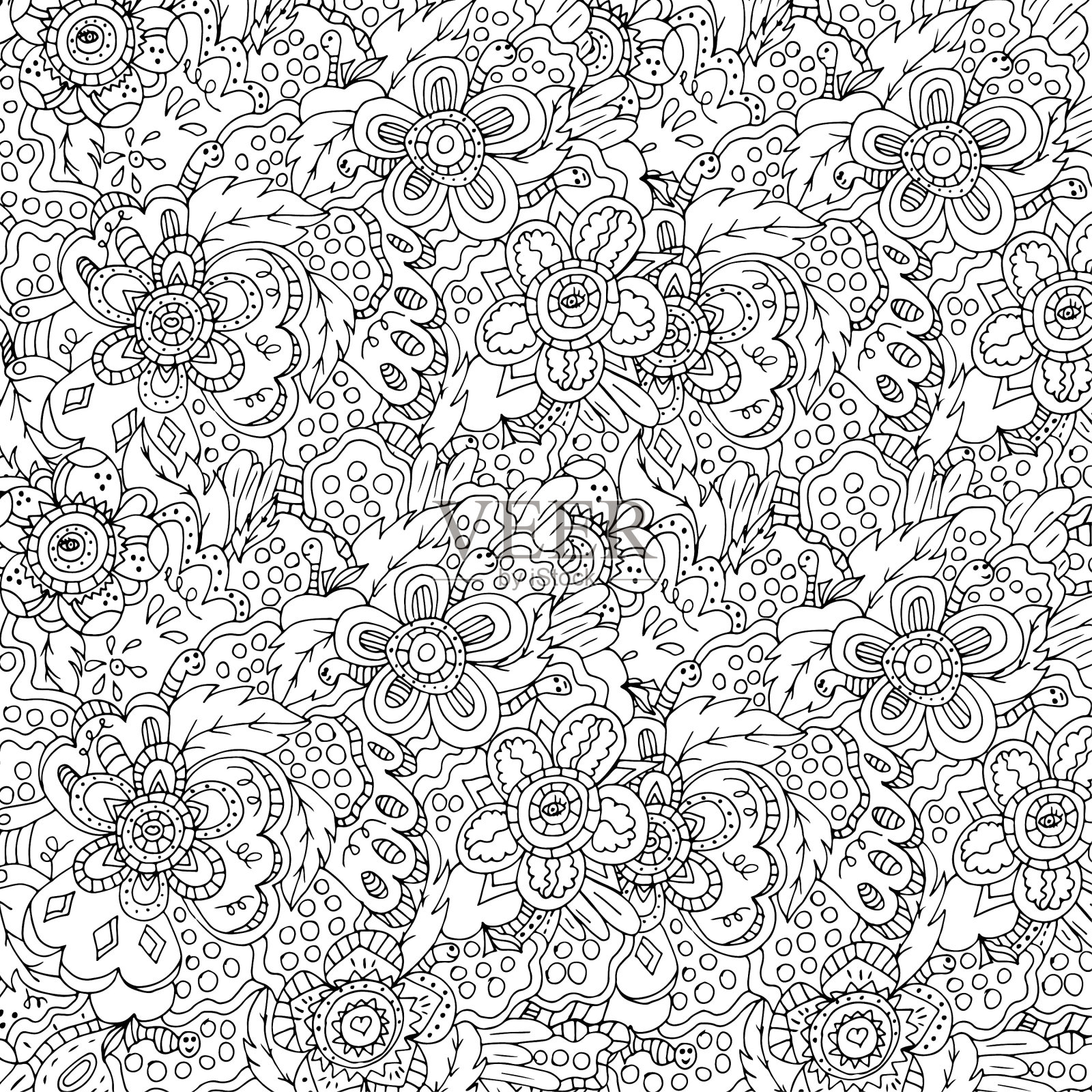 魔法花园。鲜花和蠕虫。手绘插图，明亮，饱和。明亮的轮廓。插画图片素材