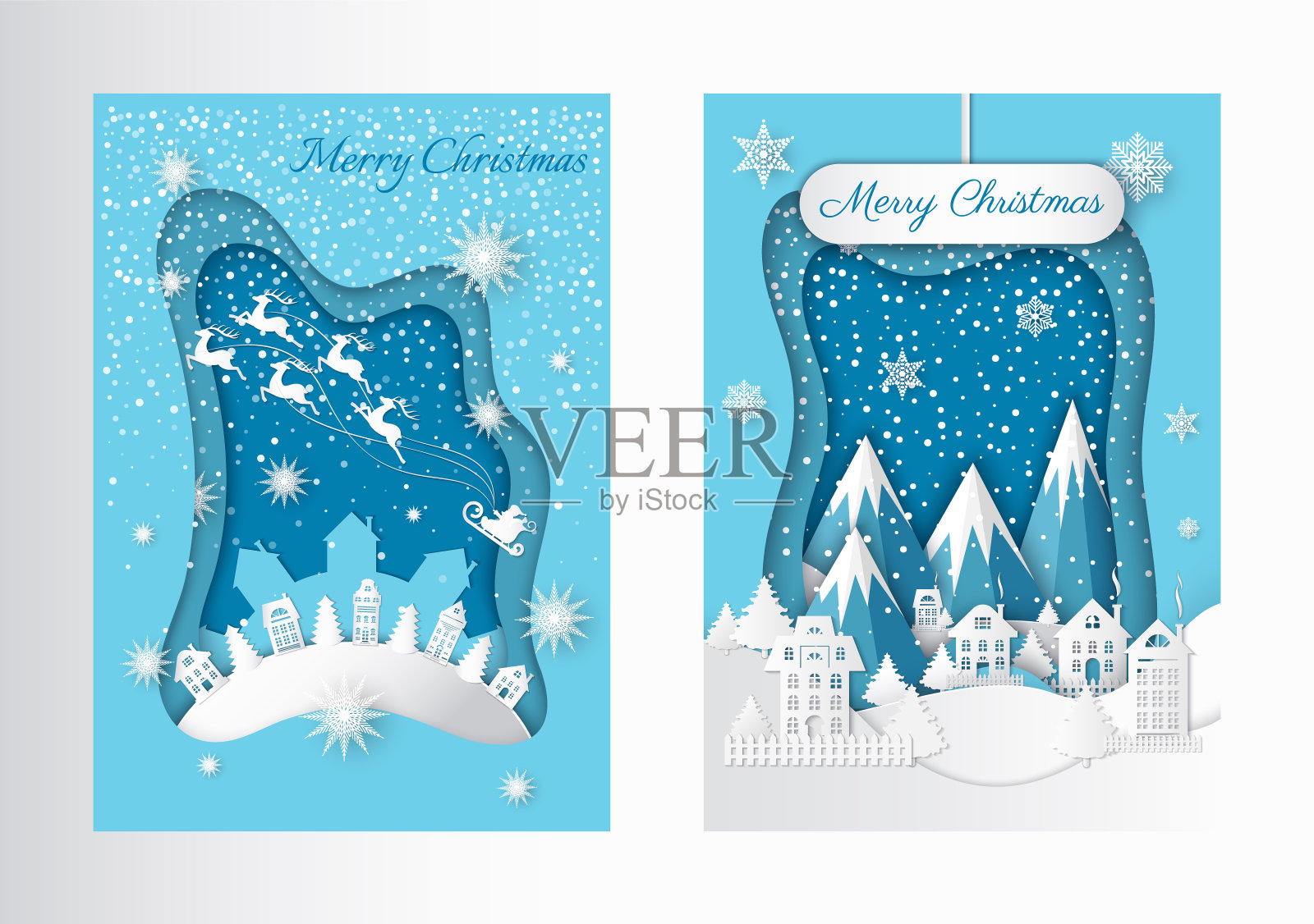 镇上圣诞快乐。树和山向量设计模板素材