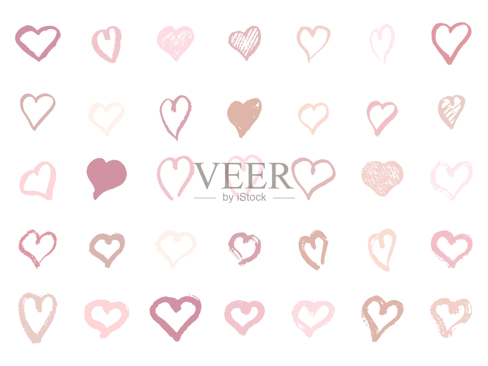 矢量粉心设置。手绘心形，收藏图标，爱的象征插画图片素材