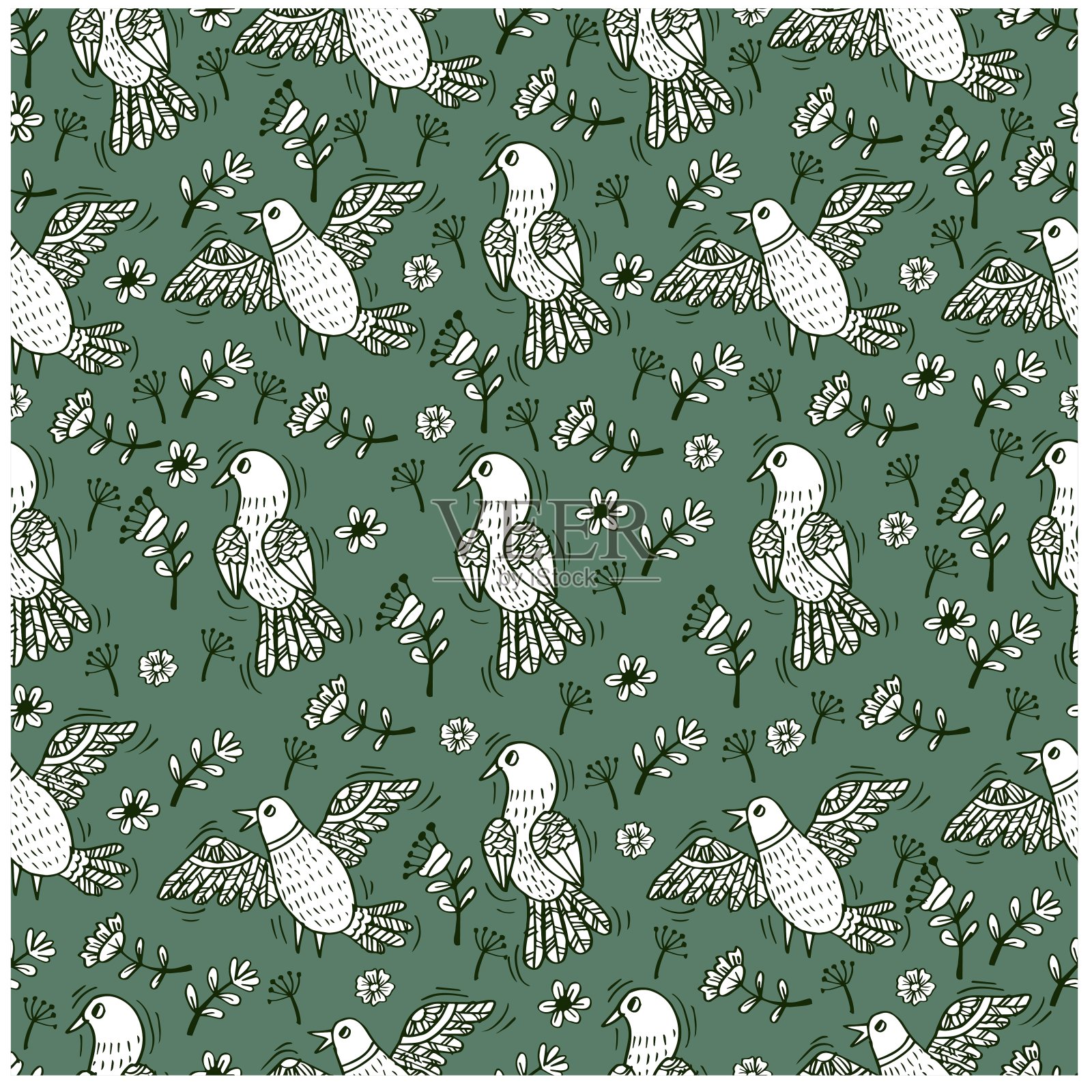 卡通小鸟无缝图案背景。插画图片素材