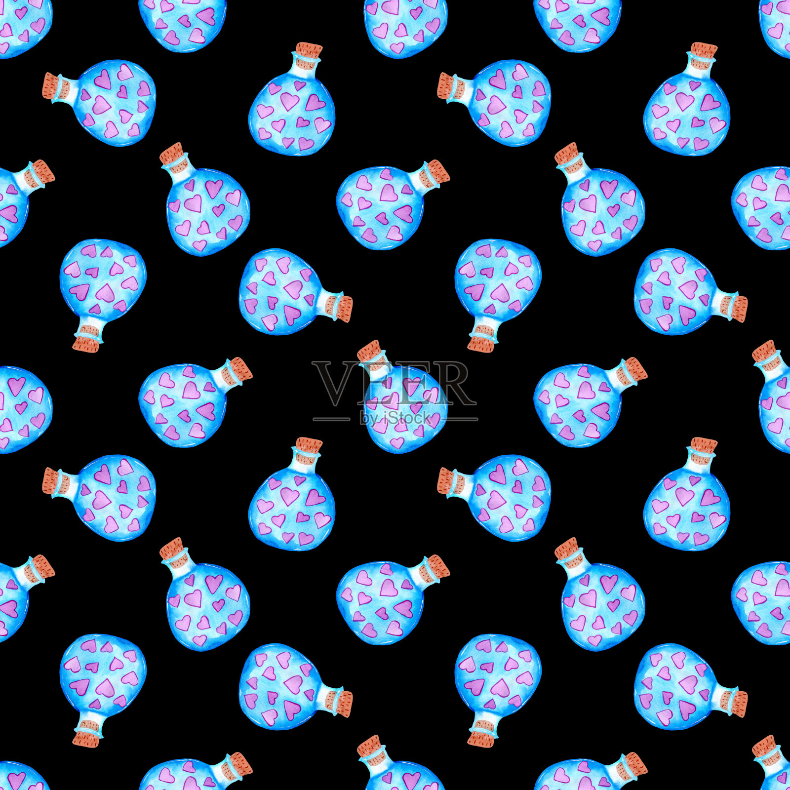 水彩无缝模式与蓝色玻璃罐隔离在黑色背景。插画图片素材