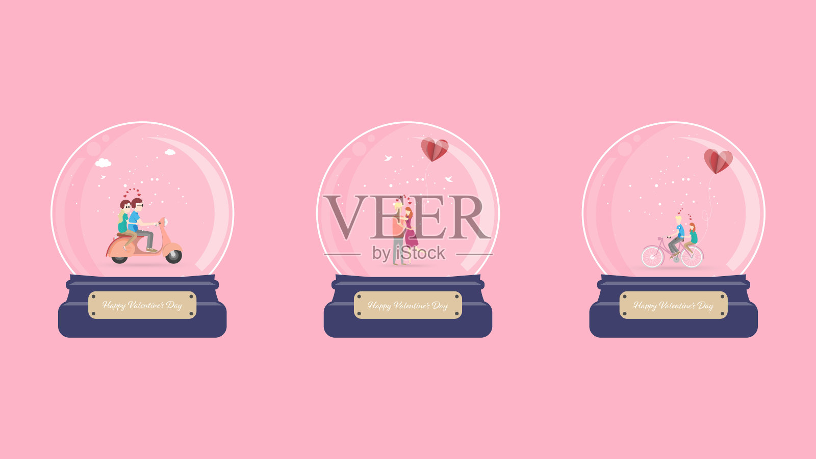 快乐的情人节与一套幸福的情侣在情人节的雪花球背景-矢量插图。插画图片素材