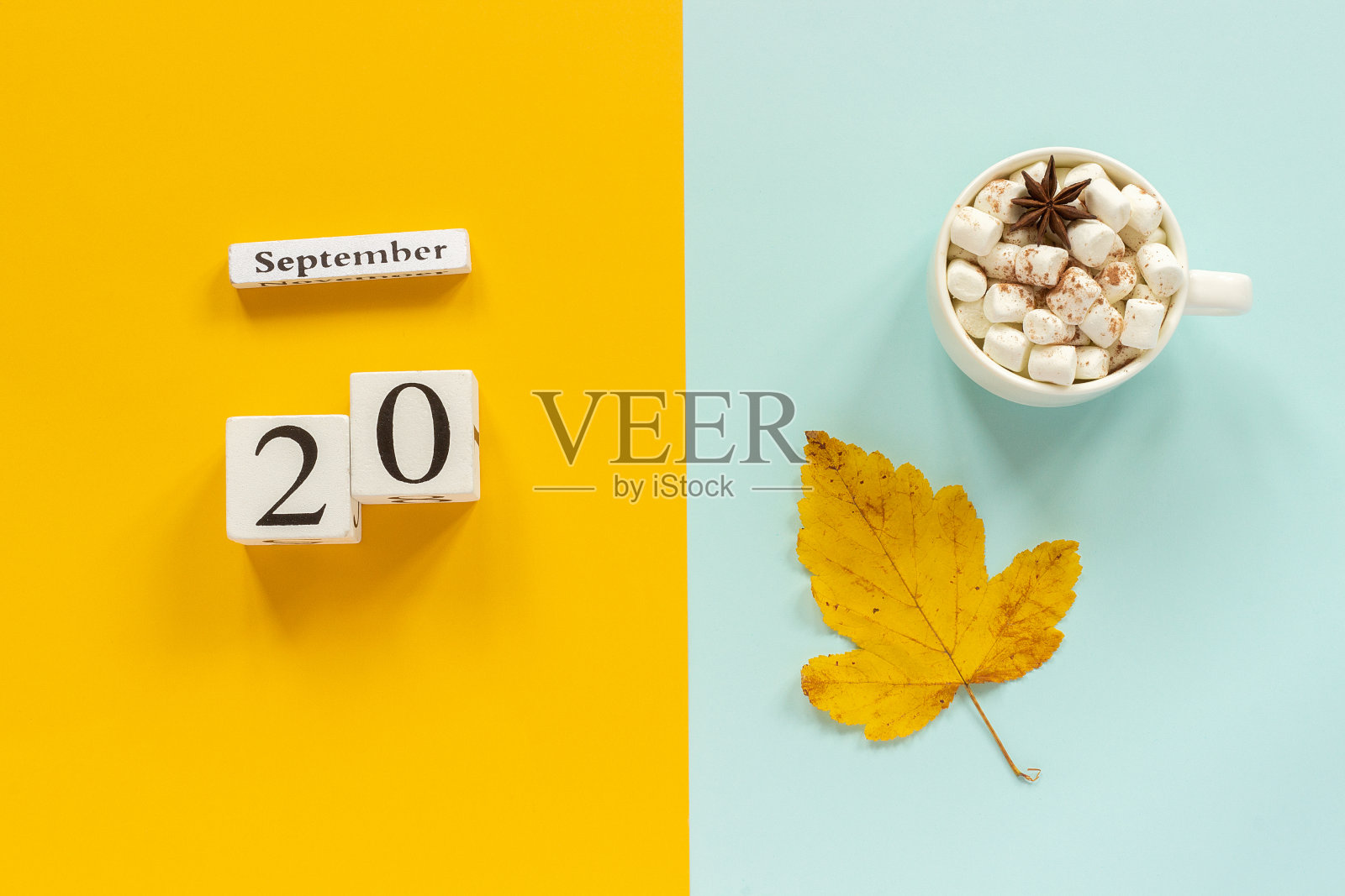 秋天的成分。木制日历9月20日，一杯可可与棉花糖和黄色的秋叶在黄蓝色的背景。俯视图平躺模型概念你好9月照片摄影图片