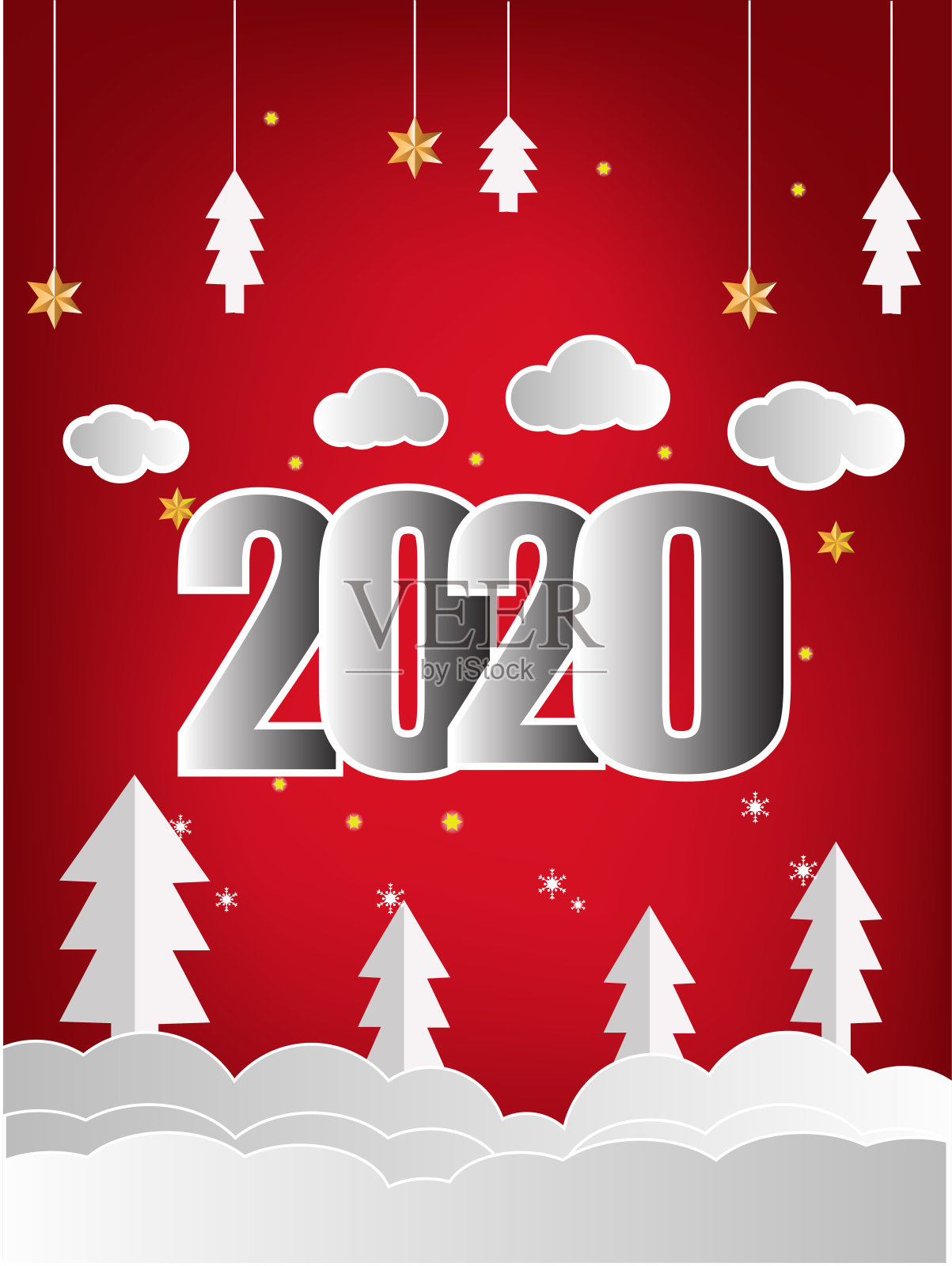 贺卡以星星和雪花为背景，新年红照片摄影图片