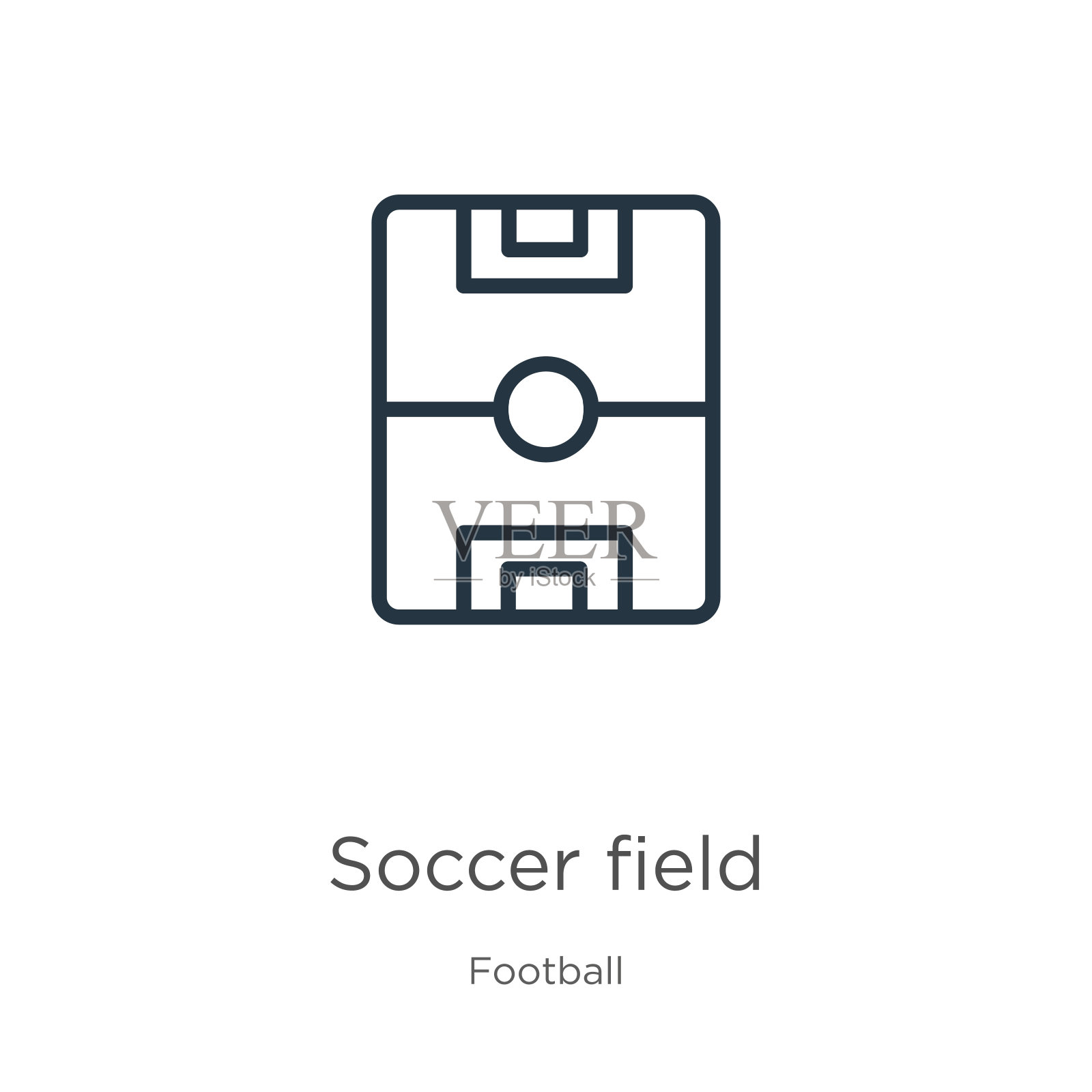 足球场图标。细线性足球场地轮廓图标孤立的白色背景从足球集合。线向量足球场标志，符号为网页和移动插画图片素材