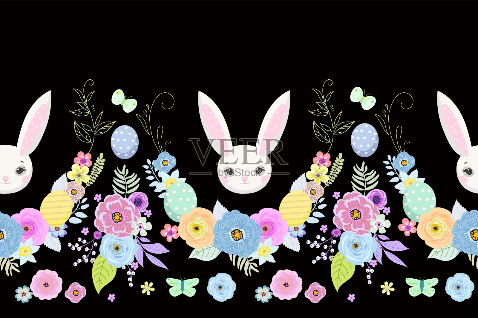 春季复活节背景可爱的兔子，鸡蛋和花的壁纸和织物设计。向量插画图片素材